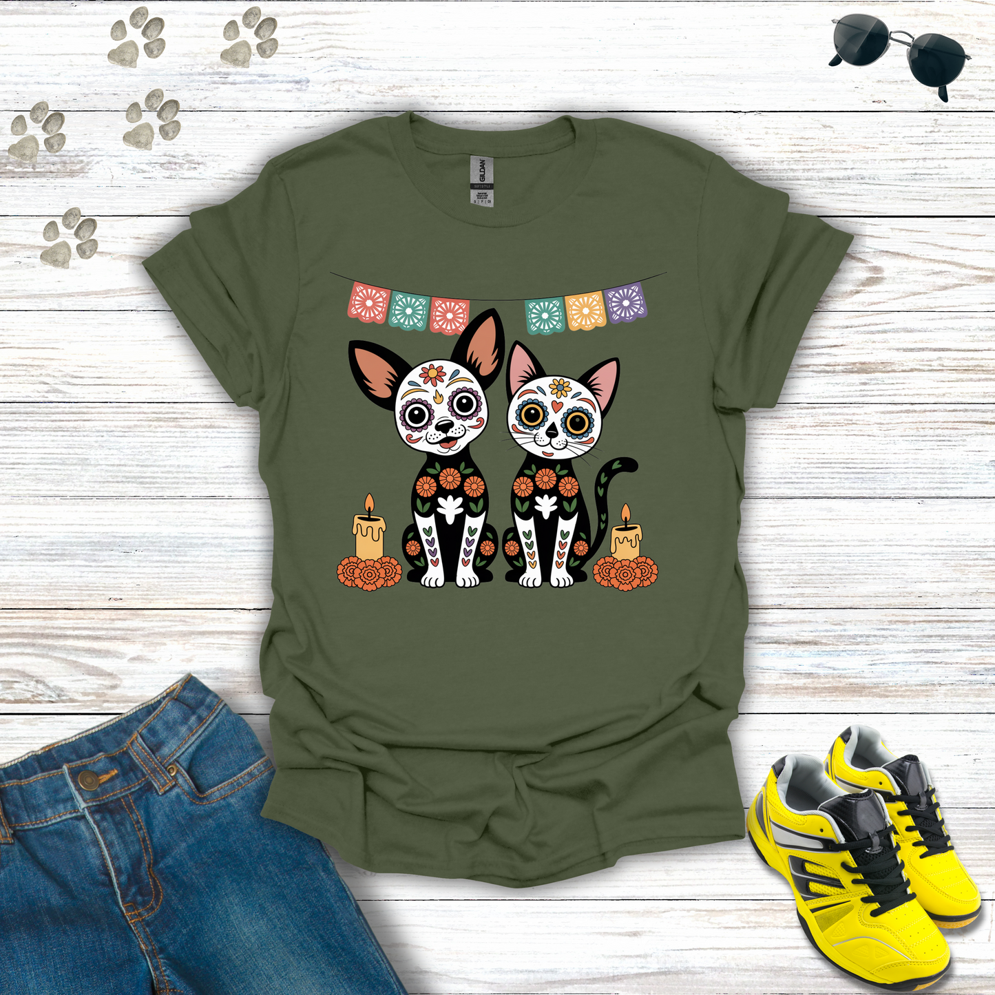 Military Green T-shirt Sugar Skull Chihuahua and Cat T-Shirt design with candles, marigolds, and papel picado Día de los Muertos theme