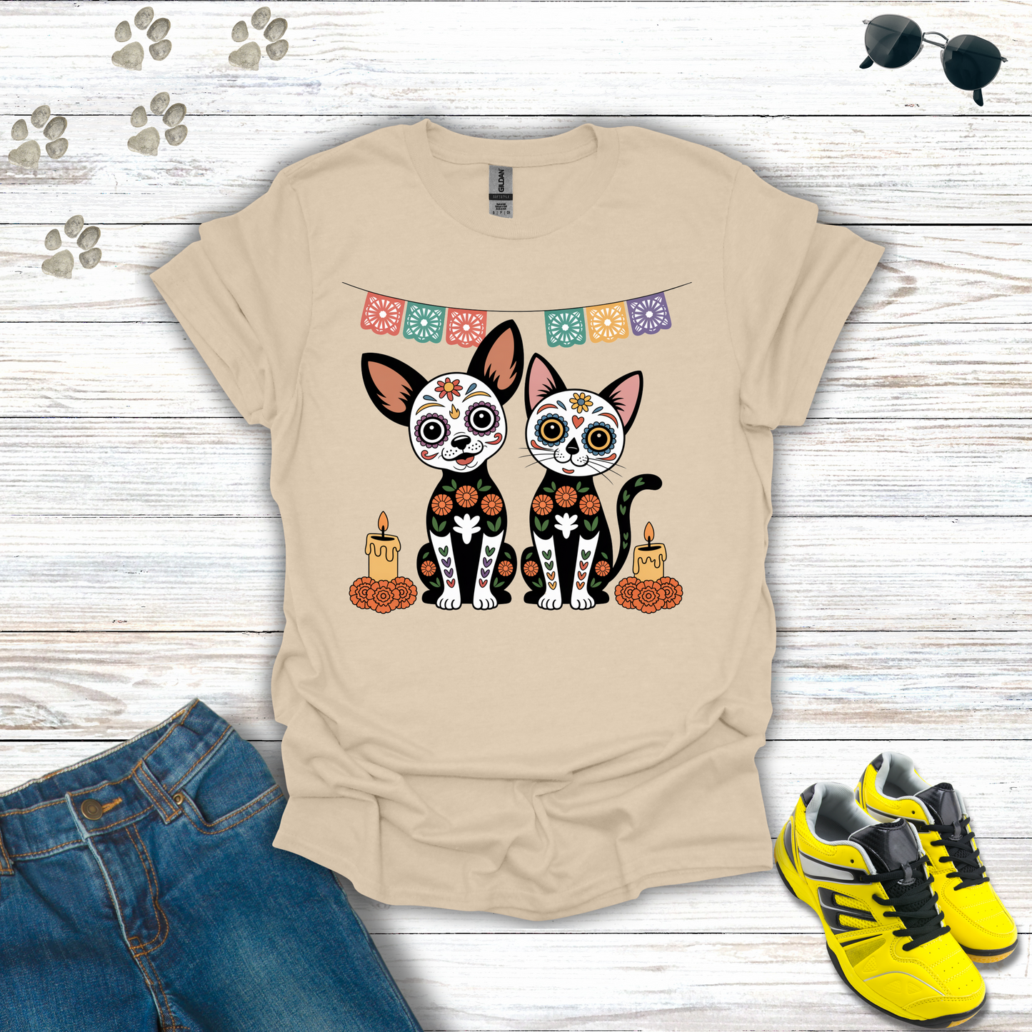 Sand t-shirt Sugar Skull Chihuahua and Cat T-Shirt design with candles, marigolds, and papel picado Día de los Muertos theme