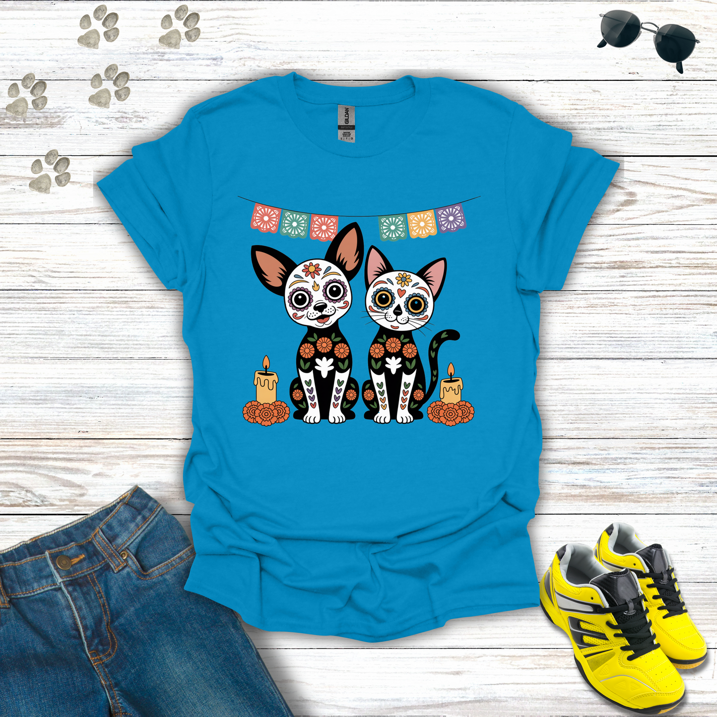 Sapphire Blue t-shirt Sugar Skull Chihuahua and Cat T-Shirt design with candles, marigolds, and papel picado Día de los Muertos theme
