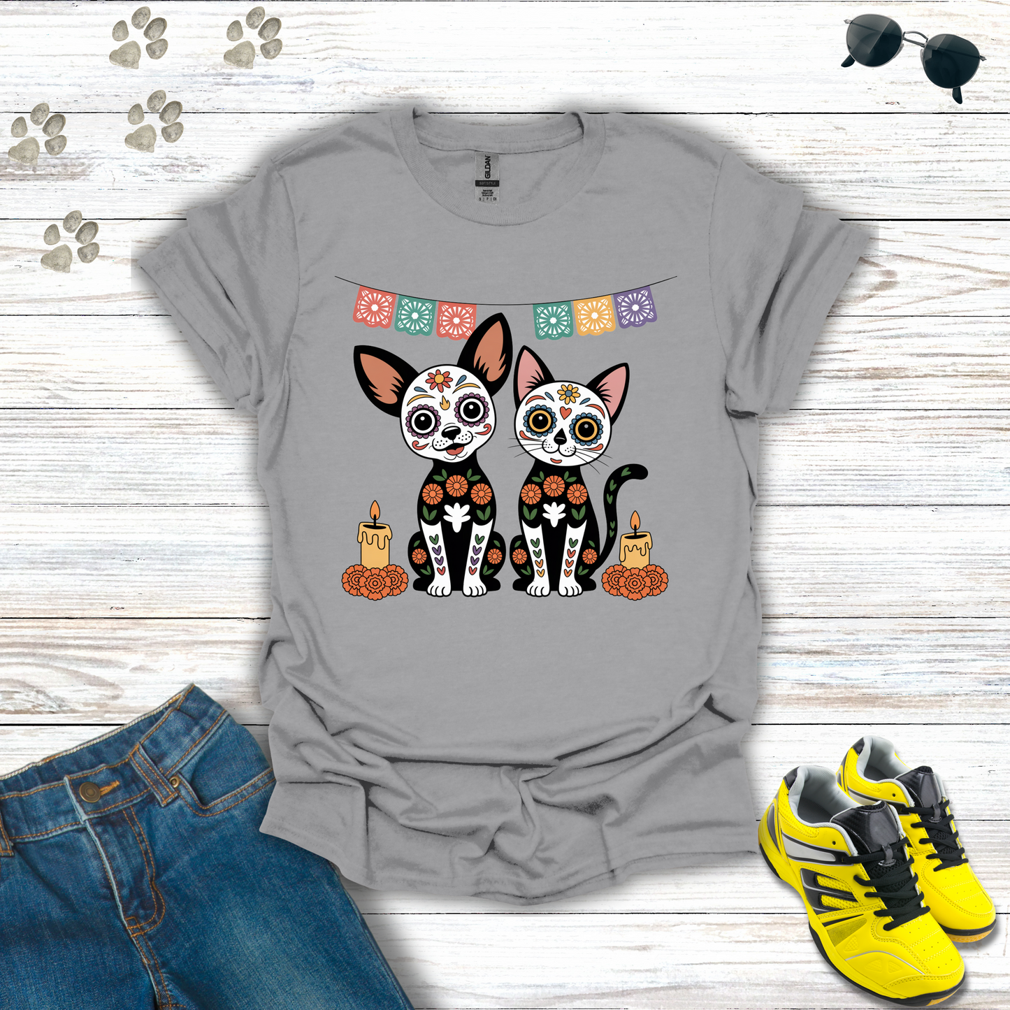 Sports Grey T-shirt Sugar Skull Chihuahua and Cat T-Shirt design with candles, marigolds, and papel picado Día de los Muertos theme