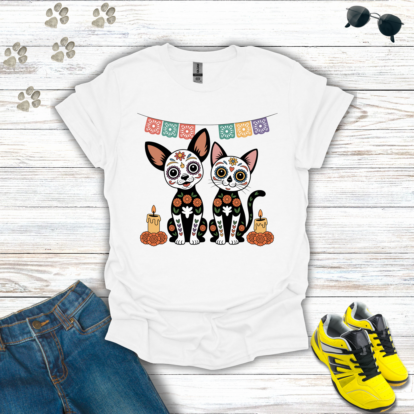 White t-shirt Sugar Skull Chihuahua and Cat T-Shirt design with candles, marigolds, and papel picado Día de los Muertos theme.