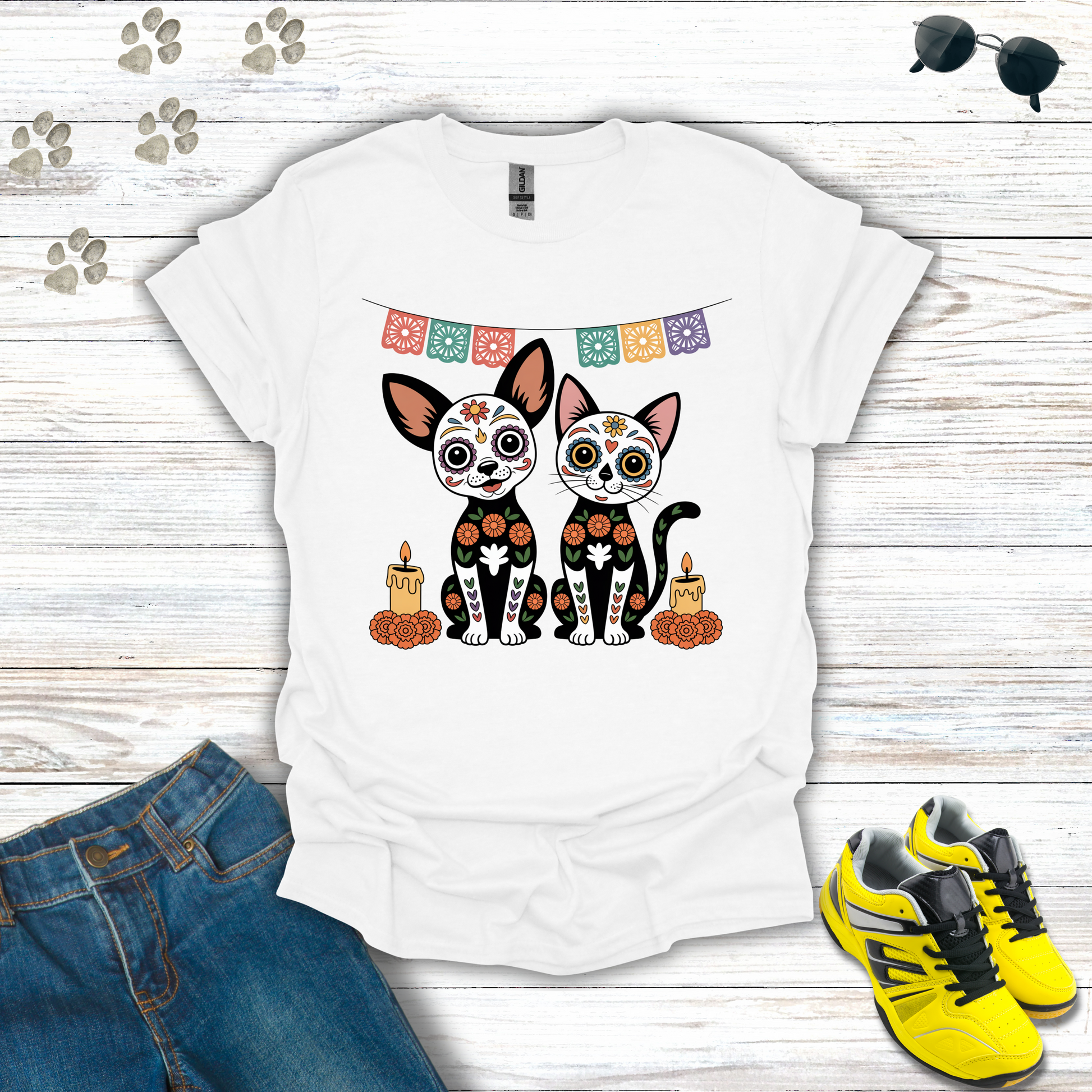 White t-shirt Sugar Skull Chihuahua and Cat T-Shirt design with candles, marigolds, and papel picado Día de los Muertos theme.