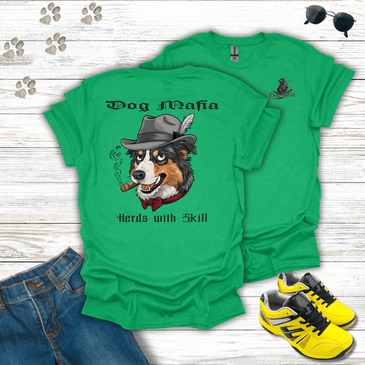 Australian Shepherd Dog Mafia graphic tee in Heather Irish Green — funny mobster dog design