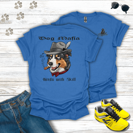 Australian Shepherd Dog Mafia T-shirt in Heather Royal Blue — dog in fedora smoking cigar design