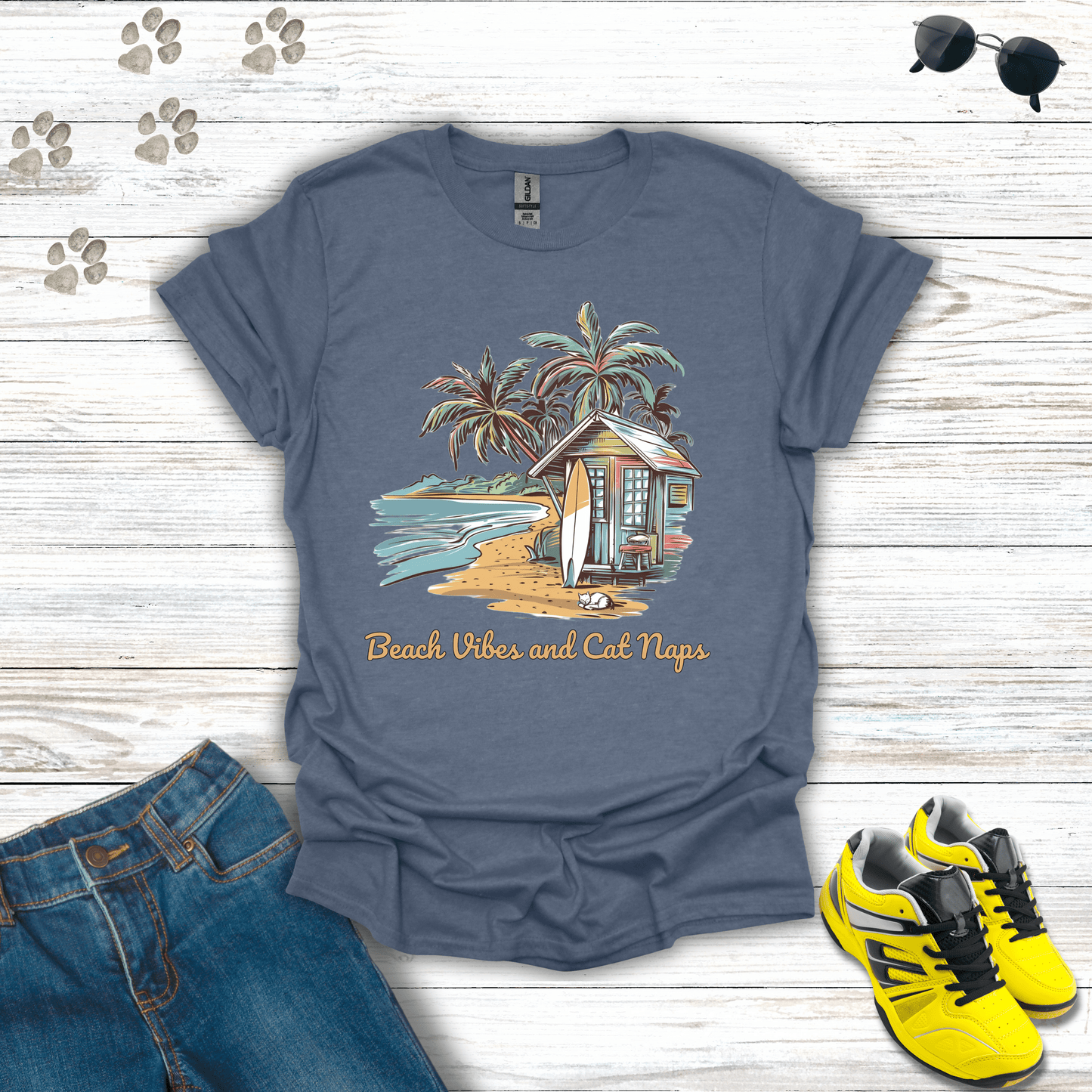Beach Vibes and Cat Naps T-Shirt Heather Indigo / S unisex graphic t-shirt
