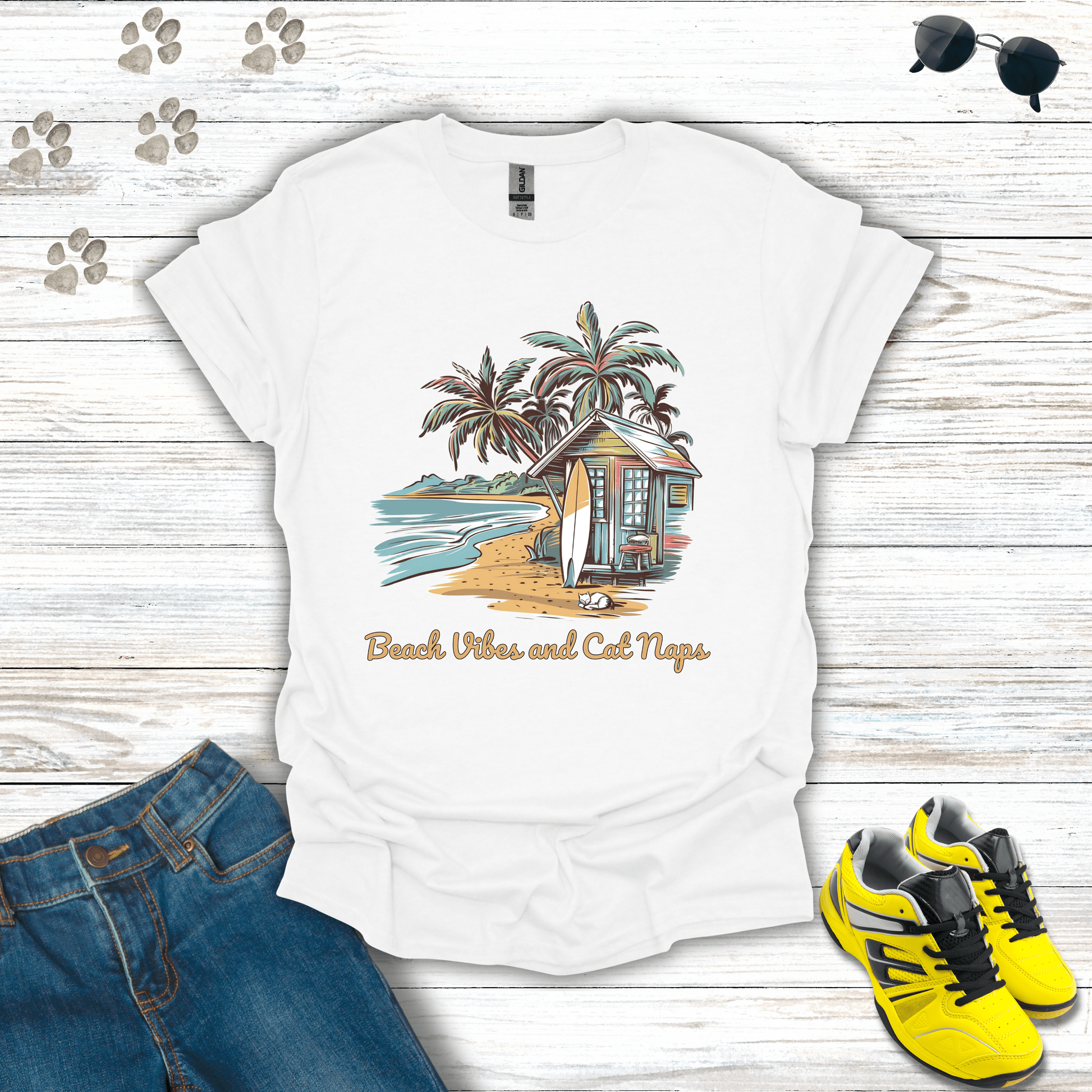 Beach Vibes and Cat Naps T-Shirt White / S unisex graphic t-shirt