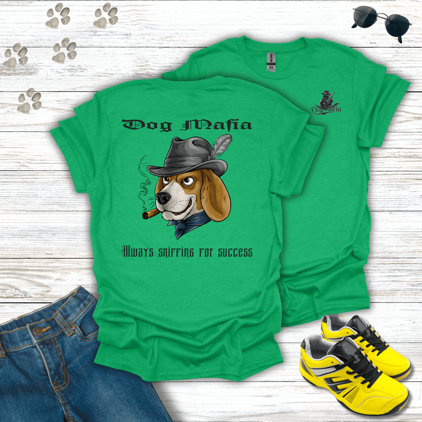 Beagle Dog Mafia T-shirt in Heather Irish Green — humorous Beagle mob boss design