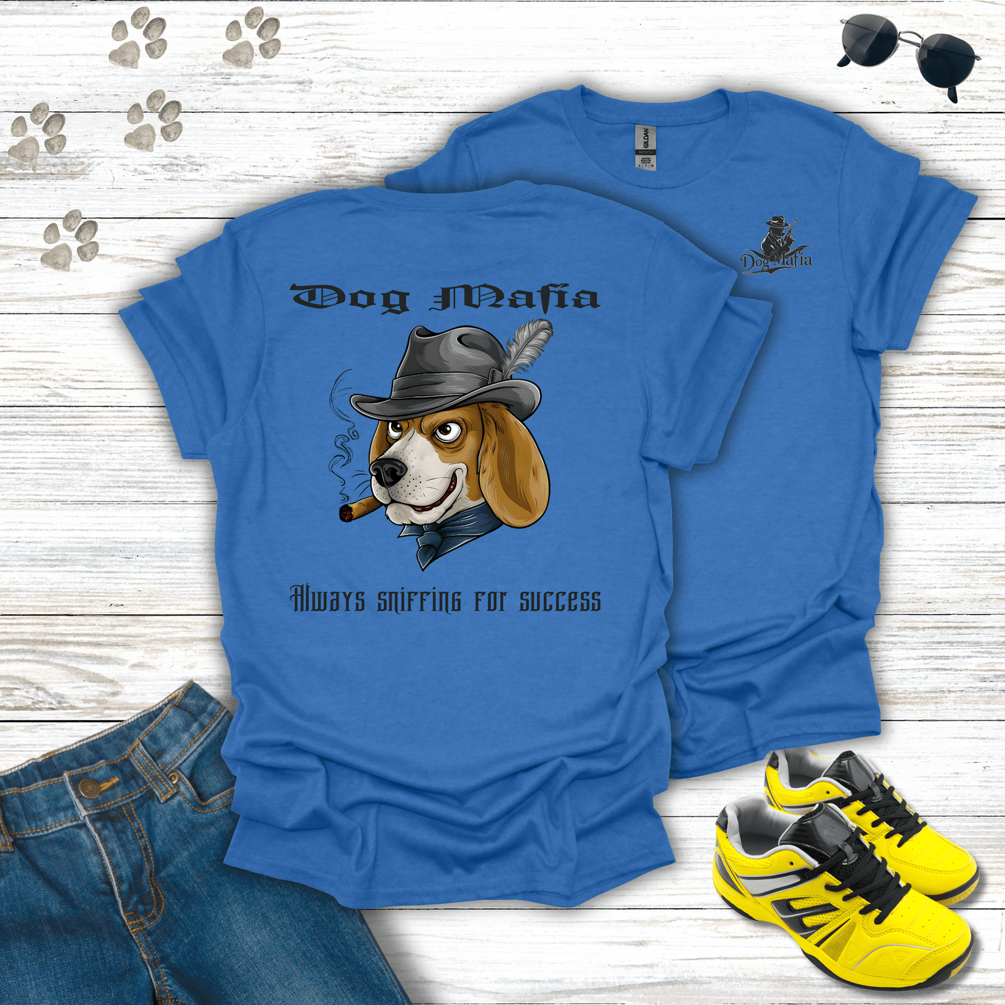 Beagle Dog Mafia T-shirt in Heather Royal blue — funny Beagle mafia illustration