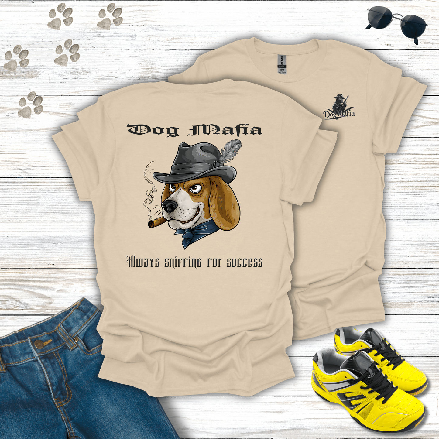 Beagle Dog Mafia T-shirt in Sand — funny Beagle mobster dog graphic