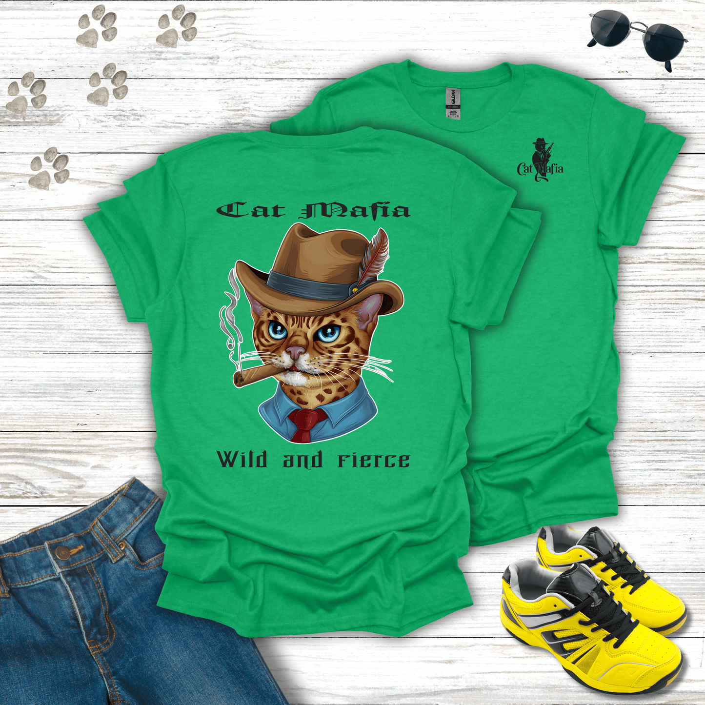 Bengal Cat Mafia T-shirt in Heather Irish Green — stylish Bengal cat mobster shirt