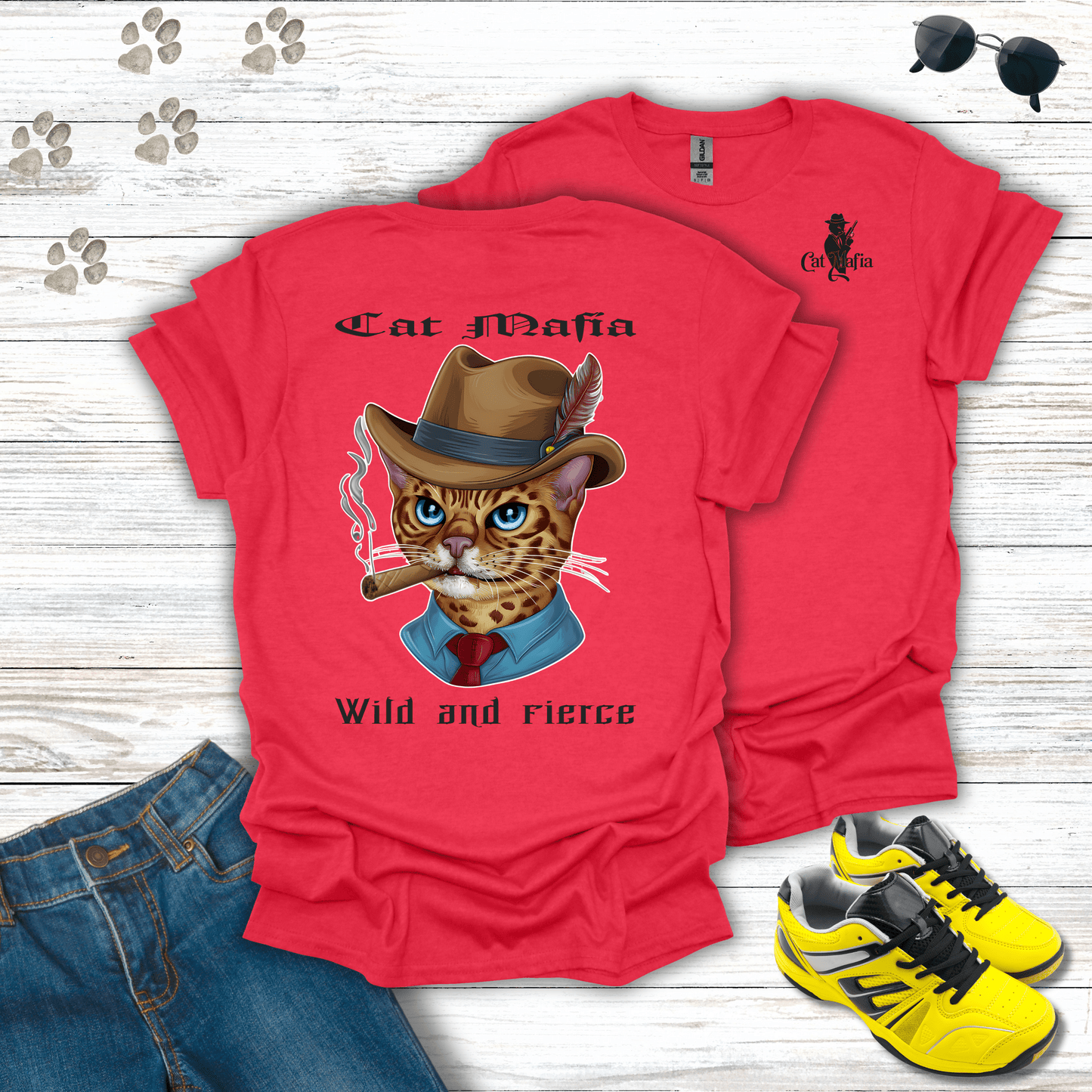 Bengal Cat Mafia T-shirt in Heather Red — bold Bengal mafia boss cat design