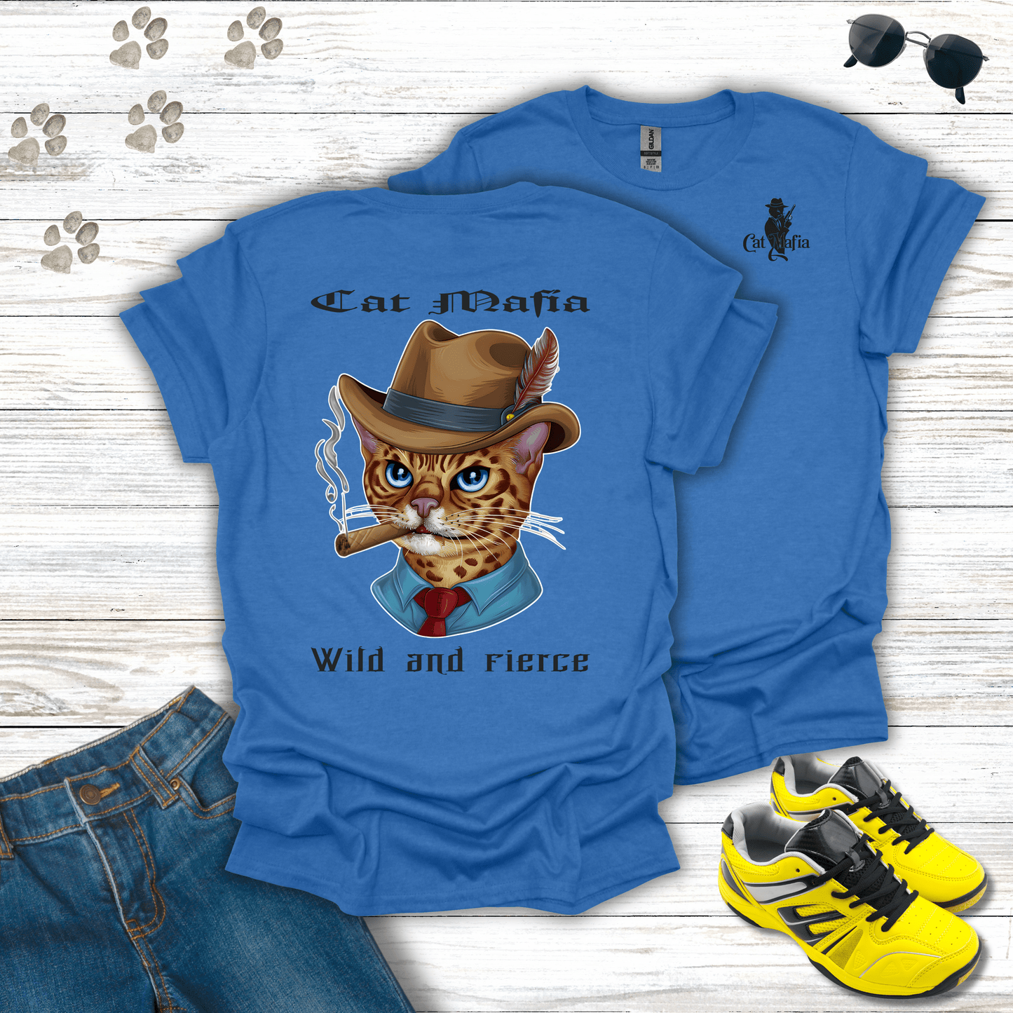 Bengal Cat Mafia T-shirt in Heather Royal — cool Bengal Cat Mafia design