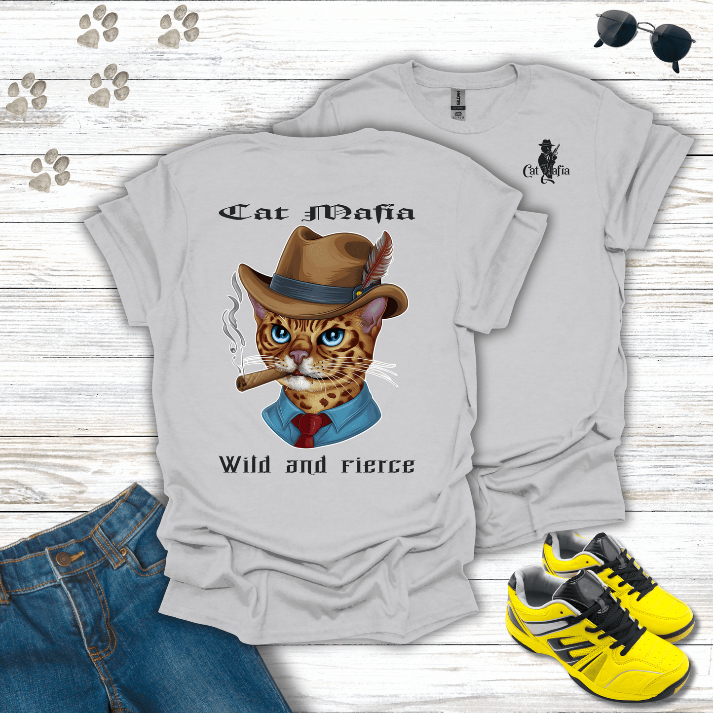 Bengal Cat Mafia T-shirt in Ice Grey — sleek Bengal Cat Mafia tee