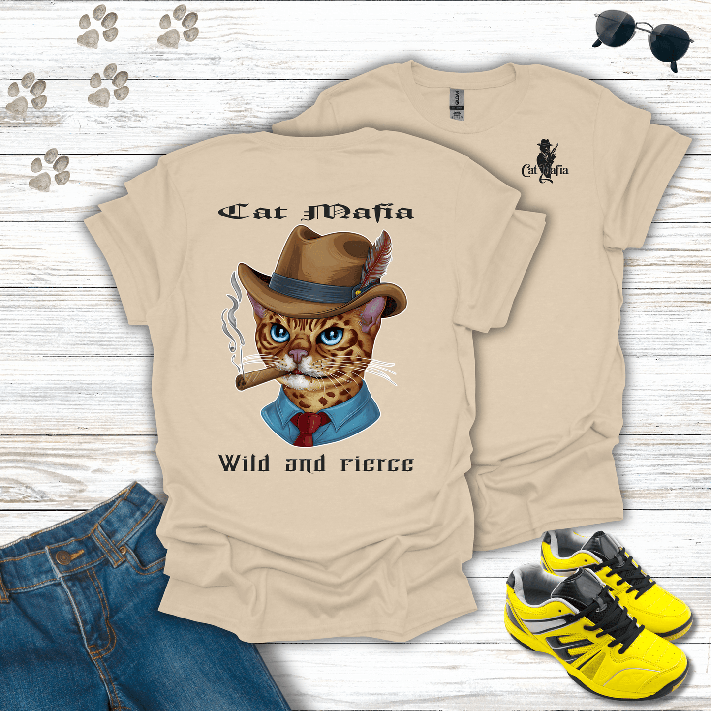 Bengal Cat Mafia T-shirt in Sand — funny Bengal Cat Mafia shirt for cat lovers