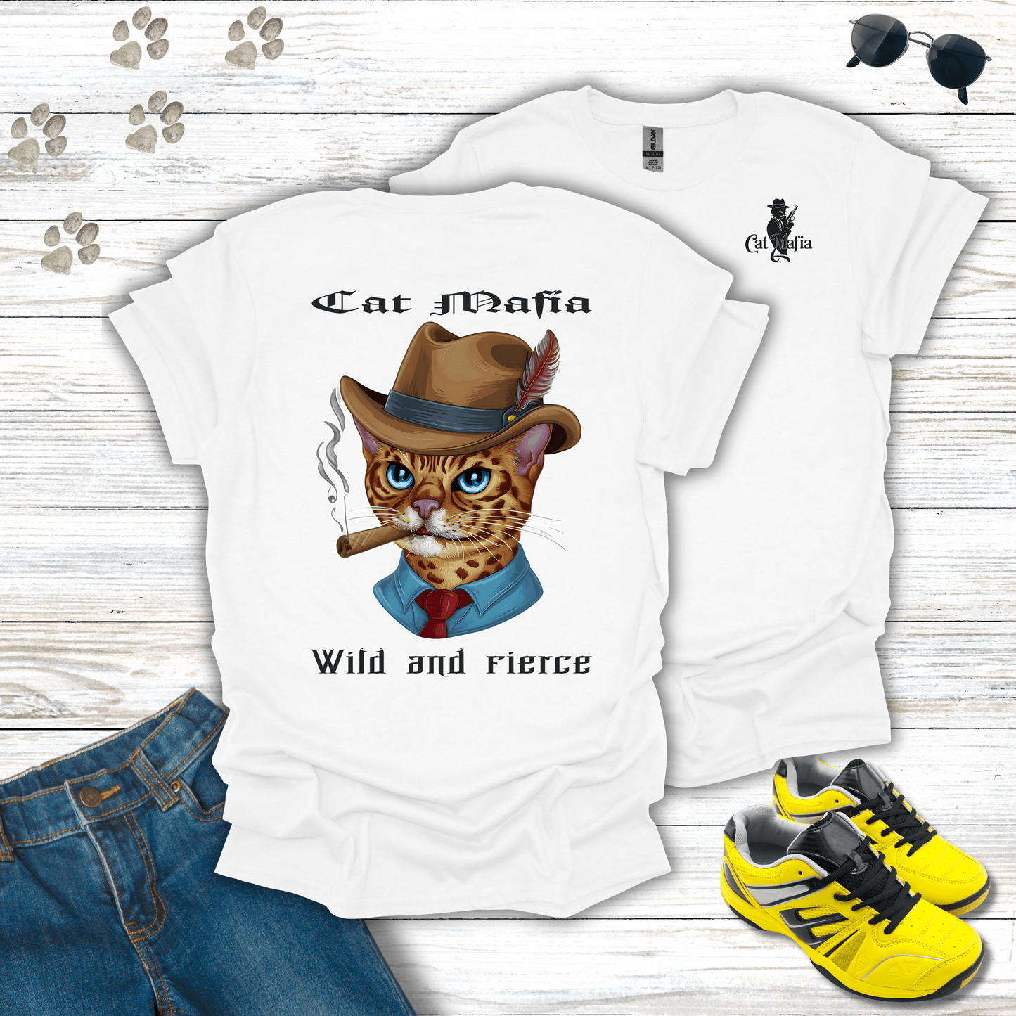 Birman Cat Mafia T-shirt in White — Birman cat in fedora and cigar design