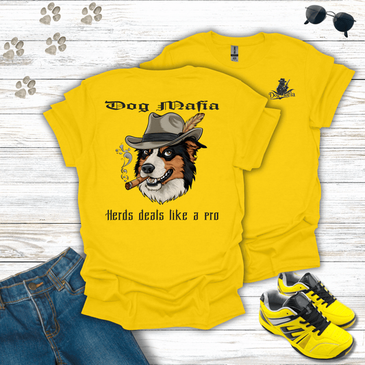 Border Collie Dog Mafia T-shirt in Daisy yellow — funny Border Collie mobster design