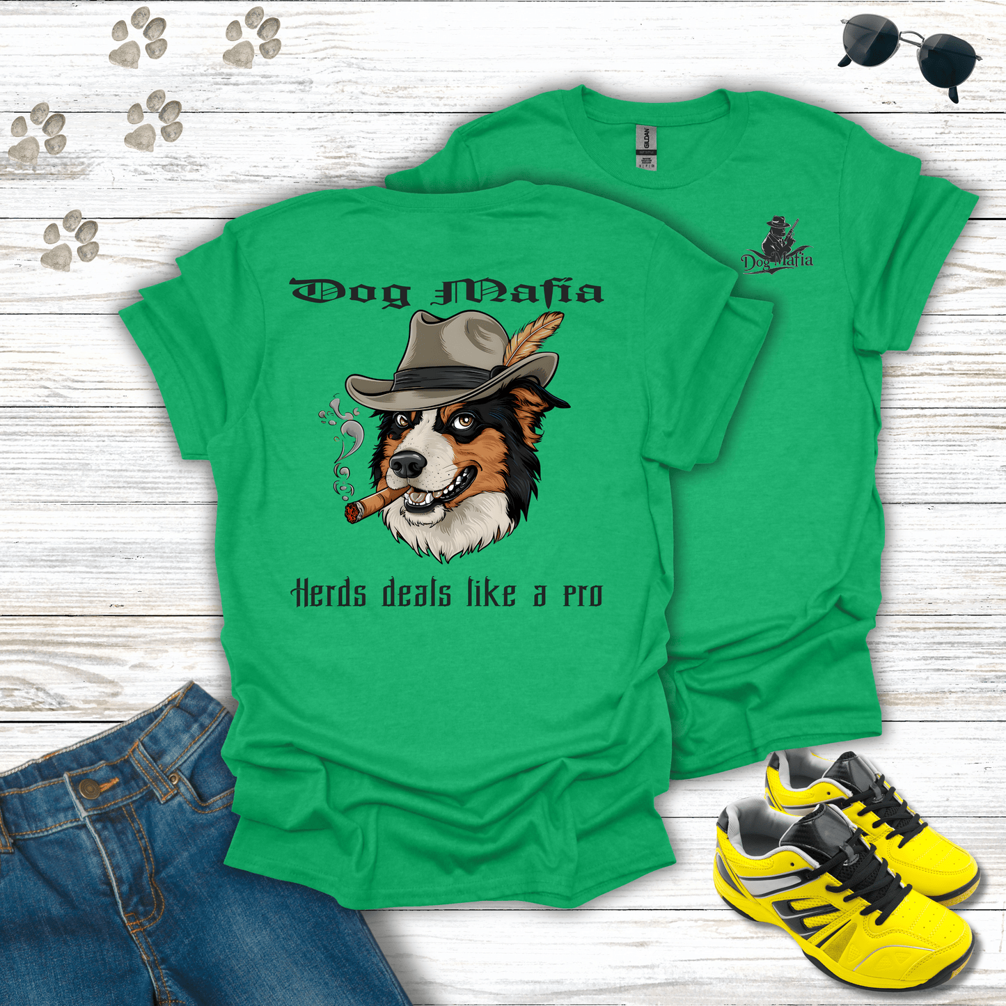 Border Collie Dog Mafia T-shirt in Heather Irish Green — humorous mob dog illustration
