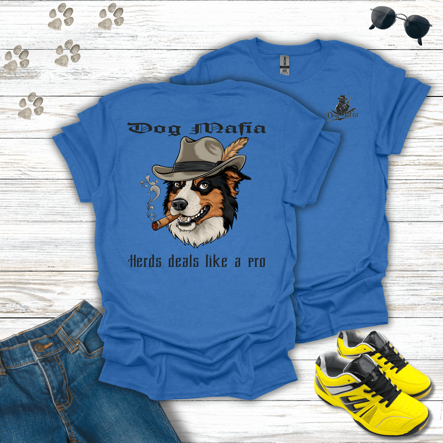 Border Collie Dog Mafia T-shirt in Heather Royal blue — cool Border Collie mafia artwork