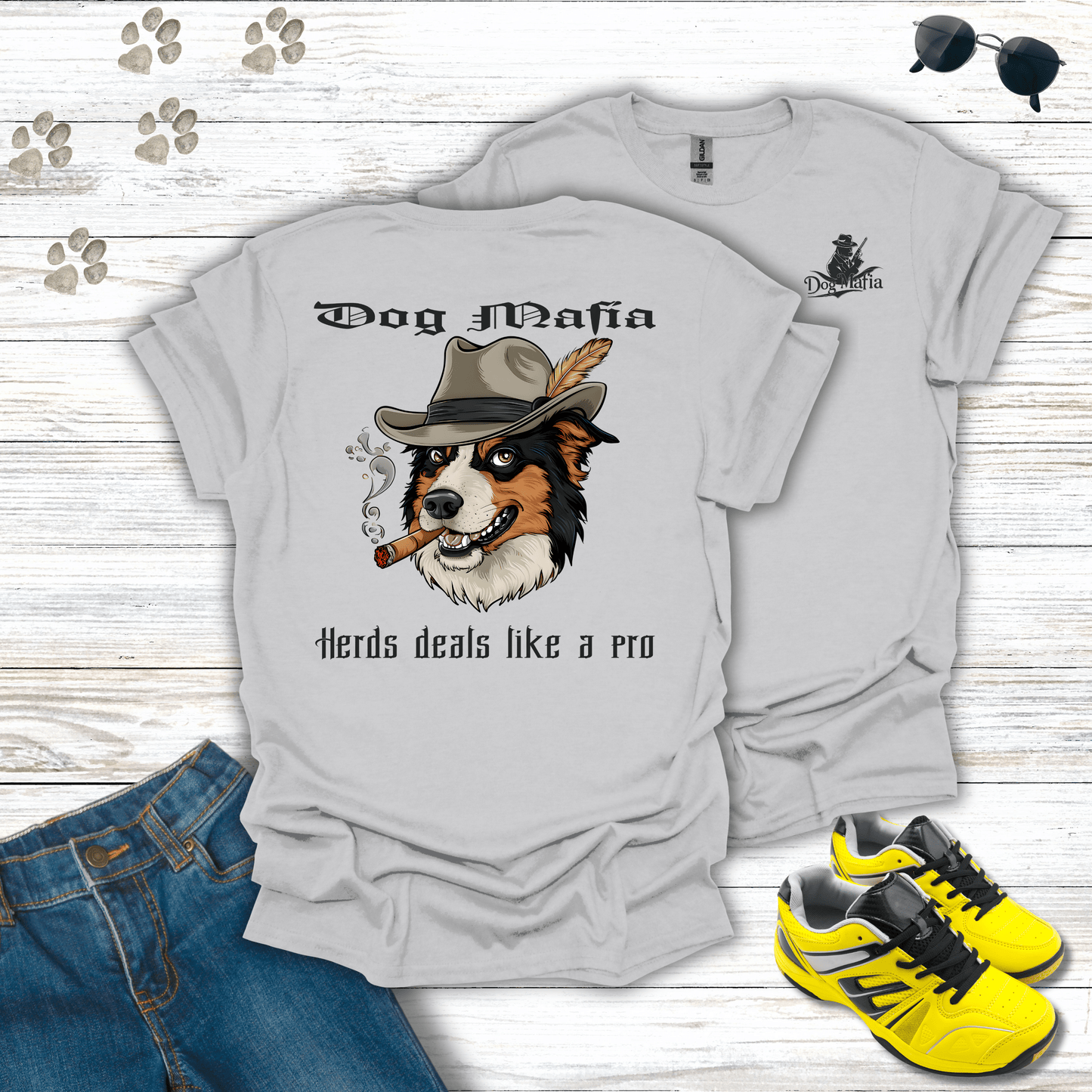 Border Collie Dog Mafia T-shirt in Ice Grey — clever Border Collie smoking cigar design