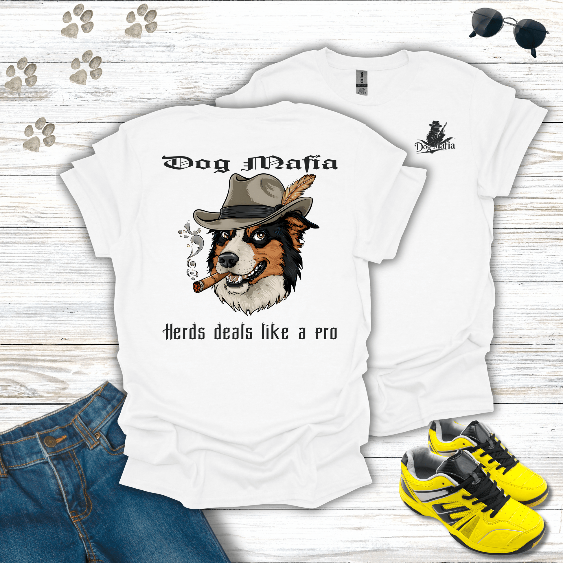 Border Collie Dog Mafia T-shirt in White — funny mobster Border Collie graphic shirt
