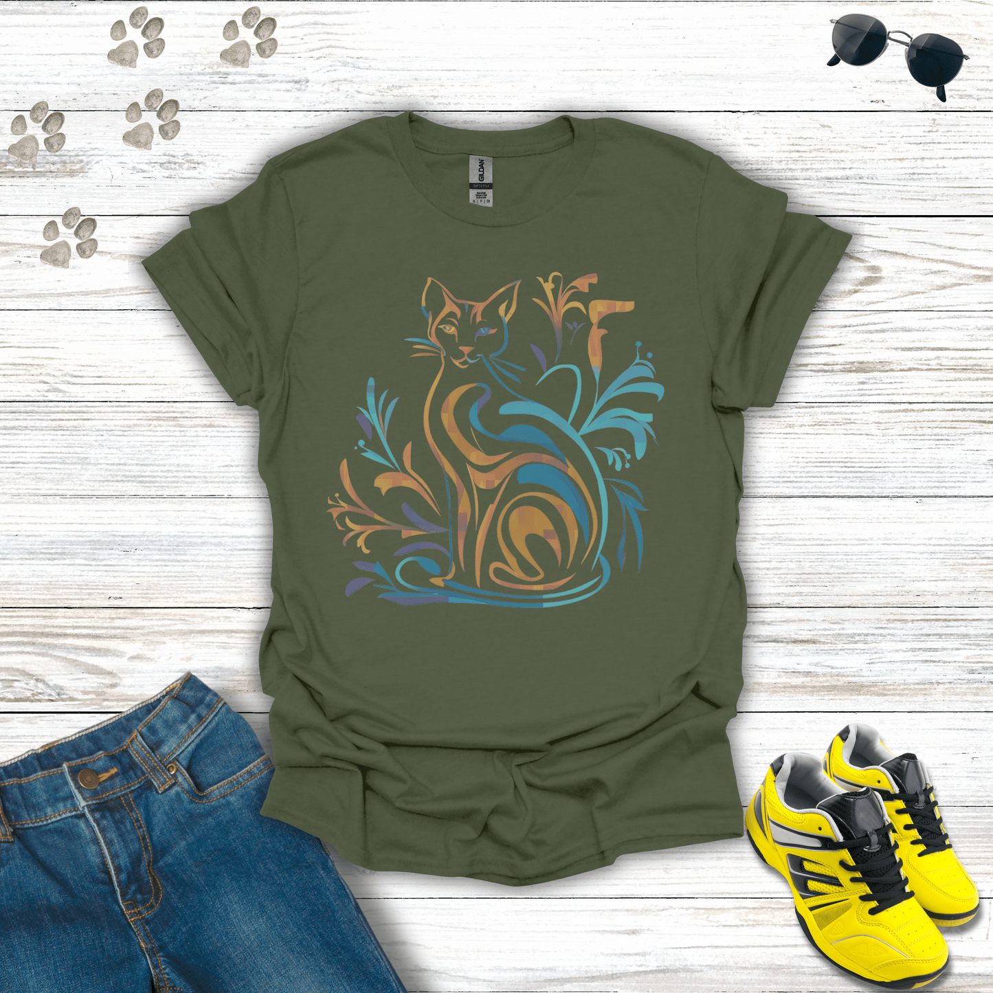 Botanical Beauty: The Enchanted Cat T-Shirts Military Green / S unisex graphic t-shirt