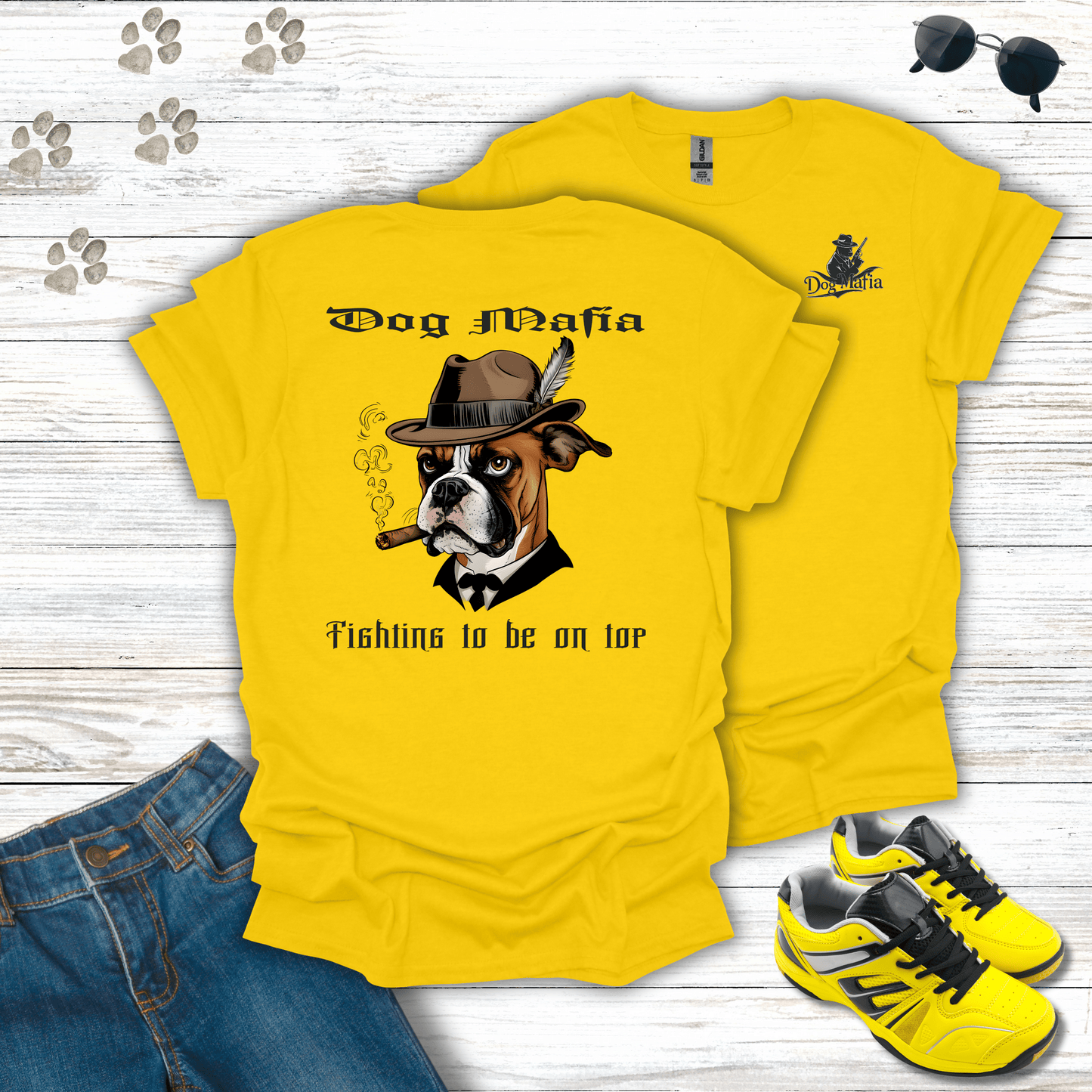 Boxer Dog Mafia T-shirt in Daisy — Boxer in fedora smoking cigar design