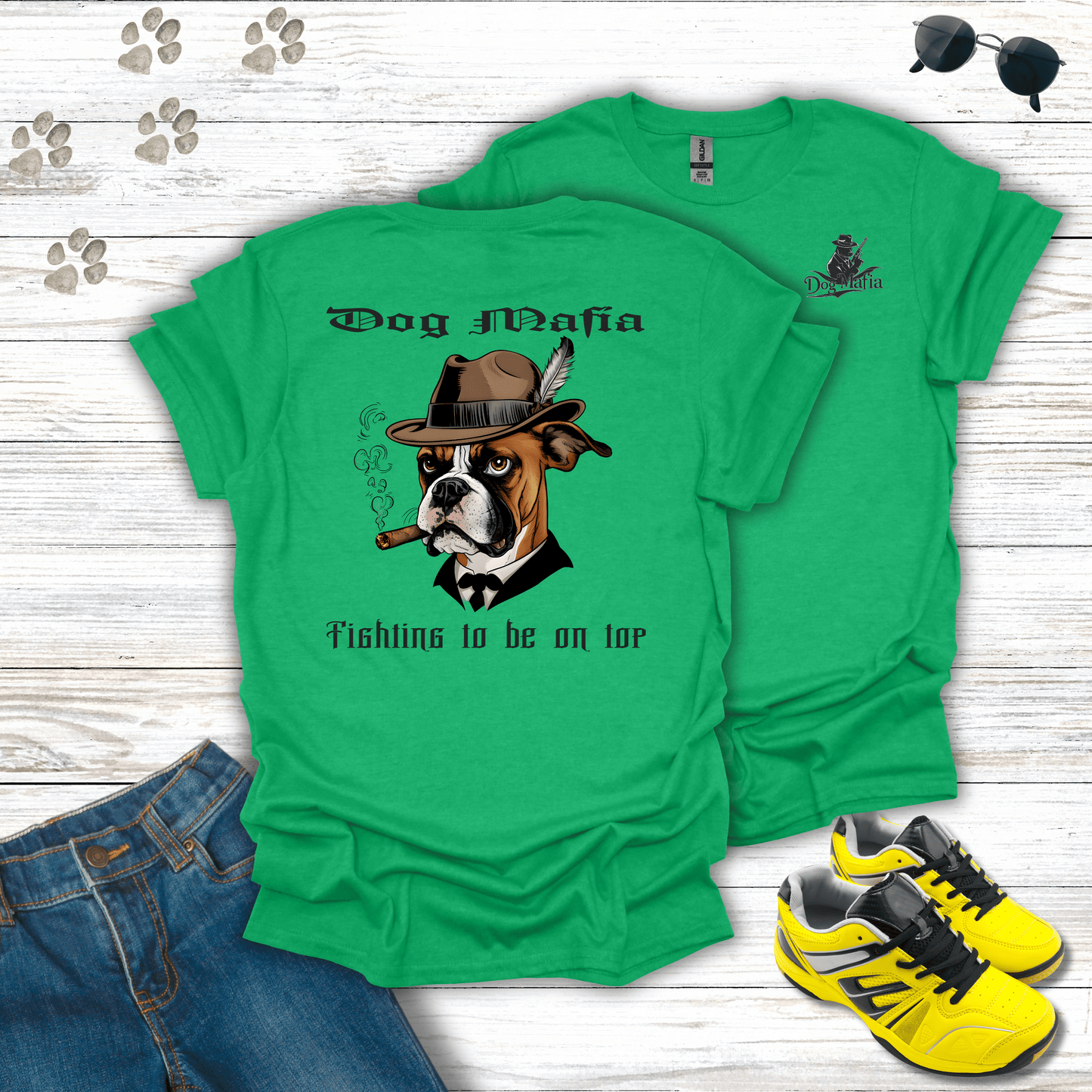 Boxer Dog Mafia T-shirt in Heather Irish Green — funny Boxer mafia illustration