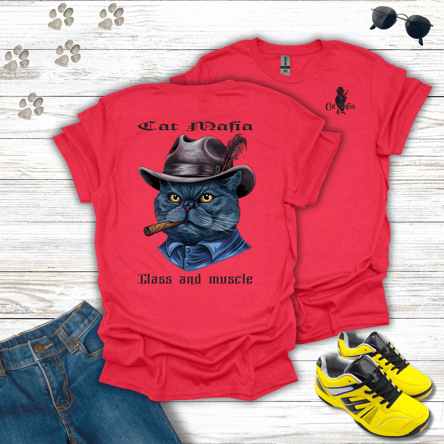 British Shorthair Cat Mafia T-shirt in Heather Red — funny mobster British Shorthair cat design