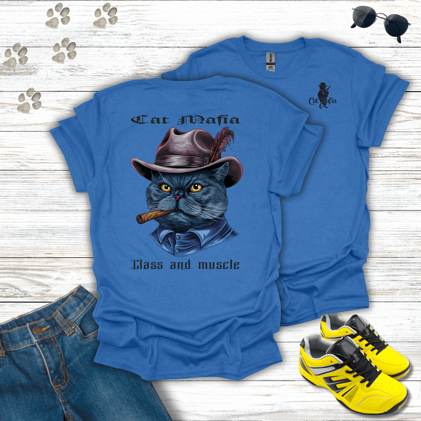 British Shorthair Cat Mafia T-shirt in Heather Royal — cool British Shorthair Cat Mafia design