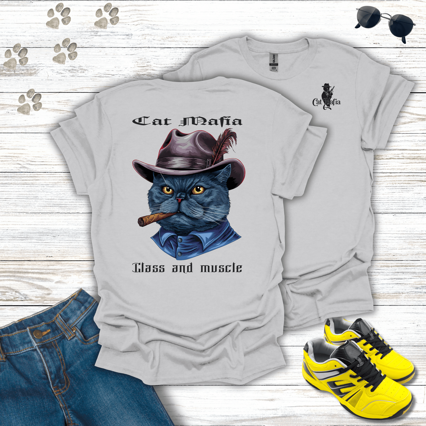British Shorthair Cat Mafia T-shirt in Ice Grey — elegant British Shorthair Cat Mafia tee