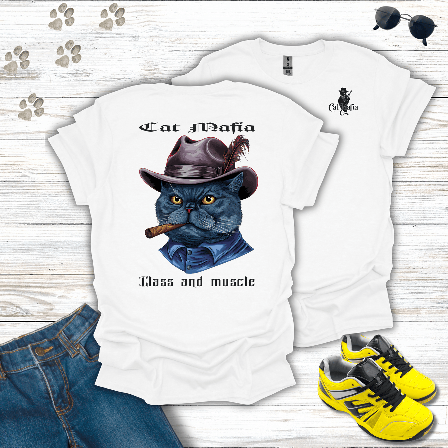 British Shorthair Cat Mafia T-shirt in White — British Shorthair cat in fedora and cigar design