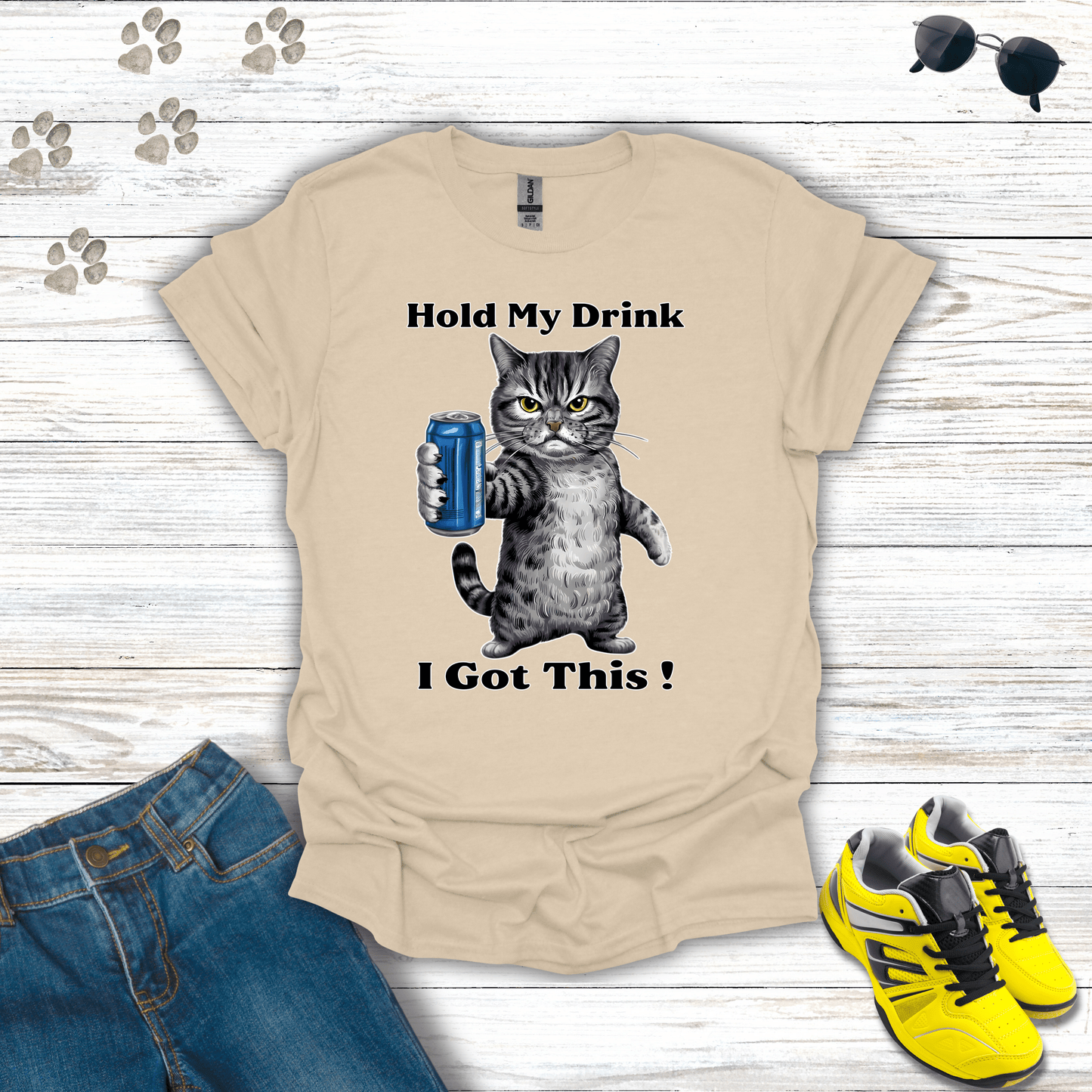 Cat - Hold My Drink I Got This T-Shirt Sand / S unisex graphic t-shirt