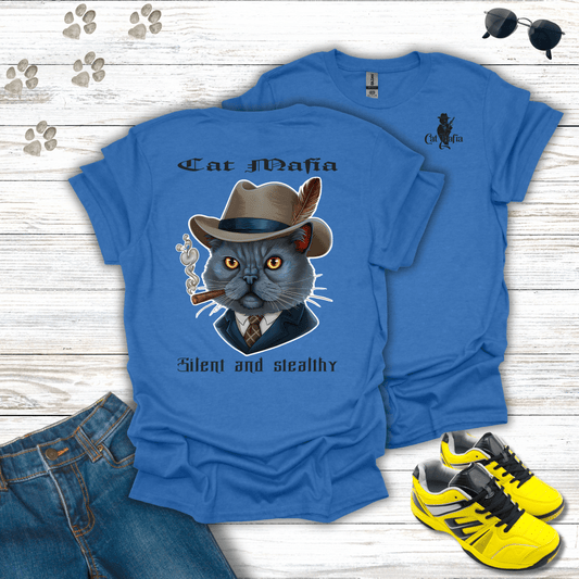 Chartreux Cat Mafia T-shirt in Heather Royal — cool Chartreux cat mafia boss tee