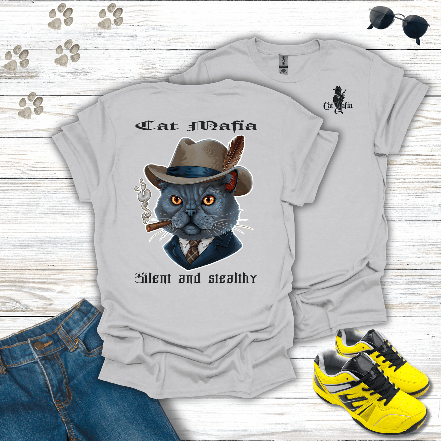 Chartreux Cat Mafia T-shirt in Ice Grey — subtle and classy Chartreux Cat Mafia shirt