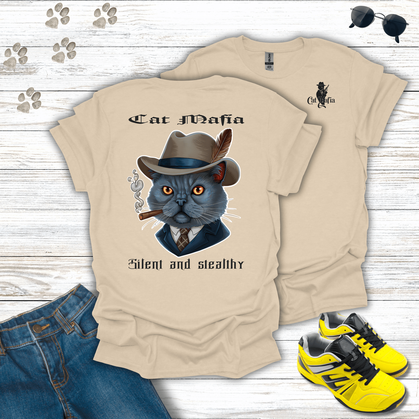 Chartreux Cat Mafia T-shirt in Sand — stylish Chartreux mafia boss cat shirt