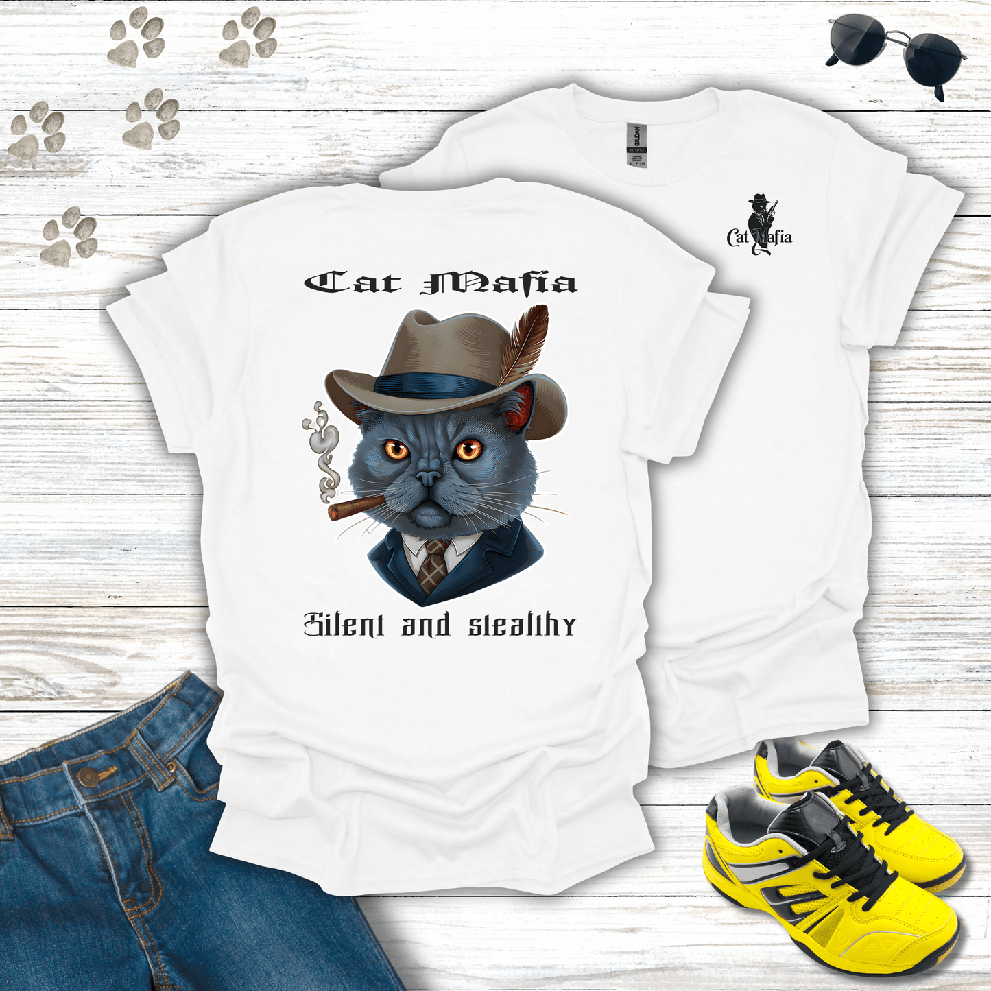 Chartreux Cat Mafia T-shirt in White — Chartreux cat in fedora and cigar design