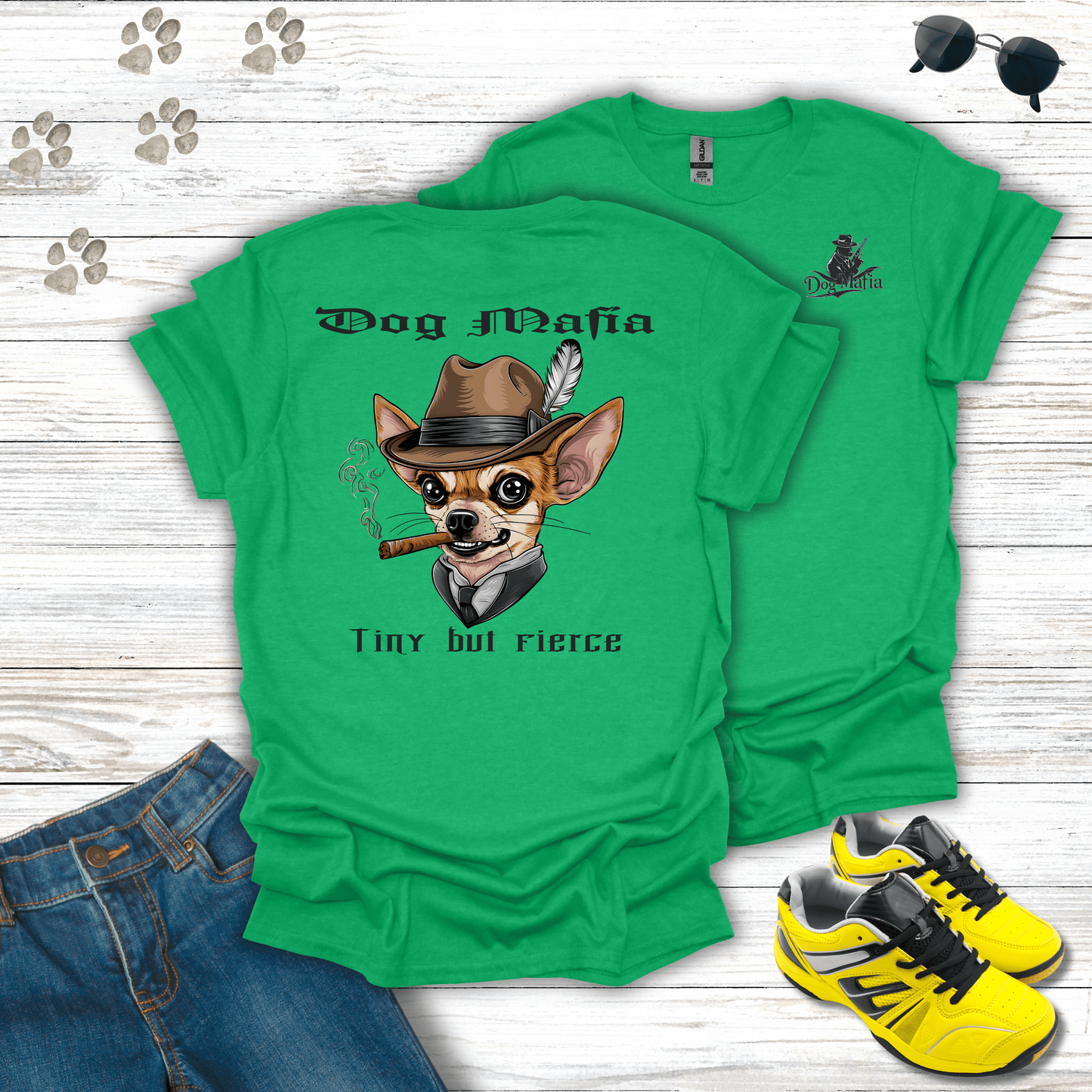 Chihuahua Dog Mafia T-shirt in Irish Green — Chihuahua in fedora smoking cigar design