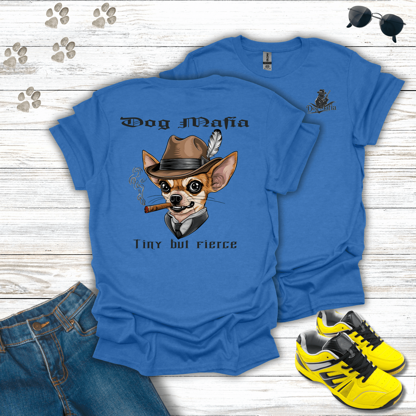 Chihuahua Dog Mafia T-shirt in Heather Royal — funny Chihuahua mobster dog artwork