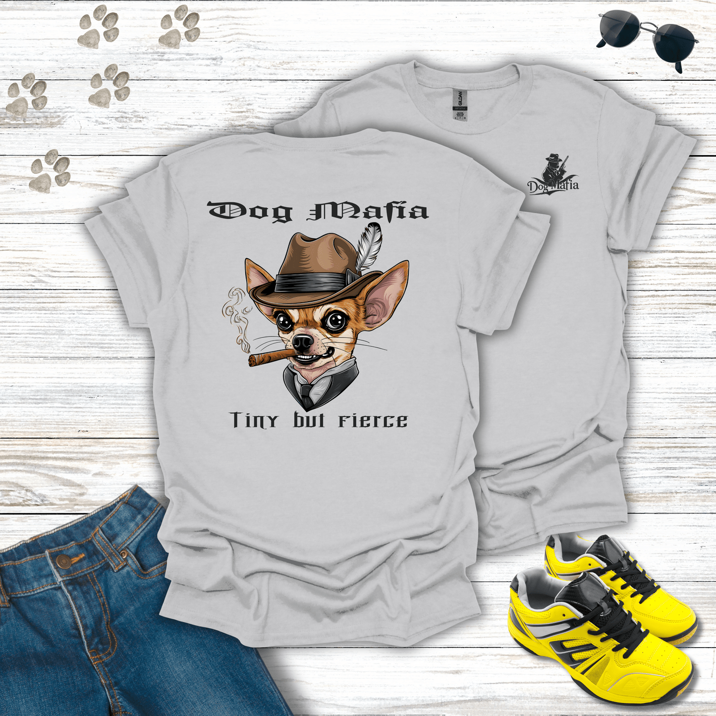 Chihuahua Dog Mafia T-shirt in Ice Grey — Chihuahua mobster T-shirt design