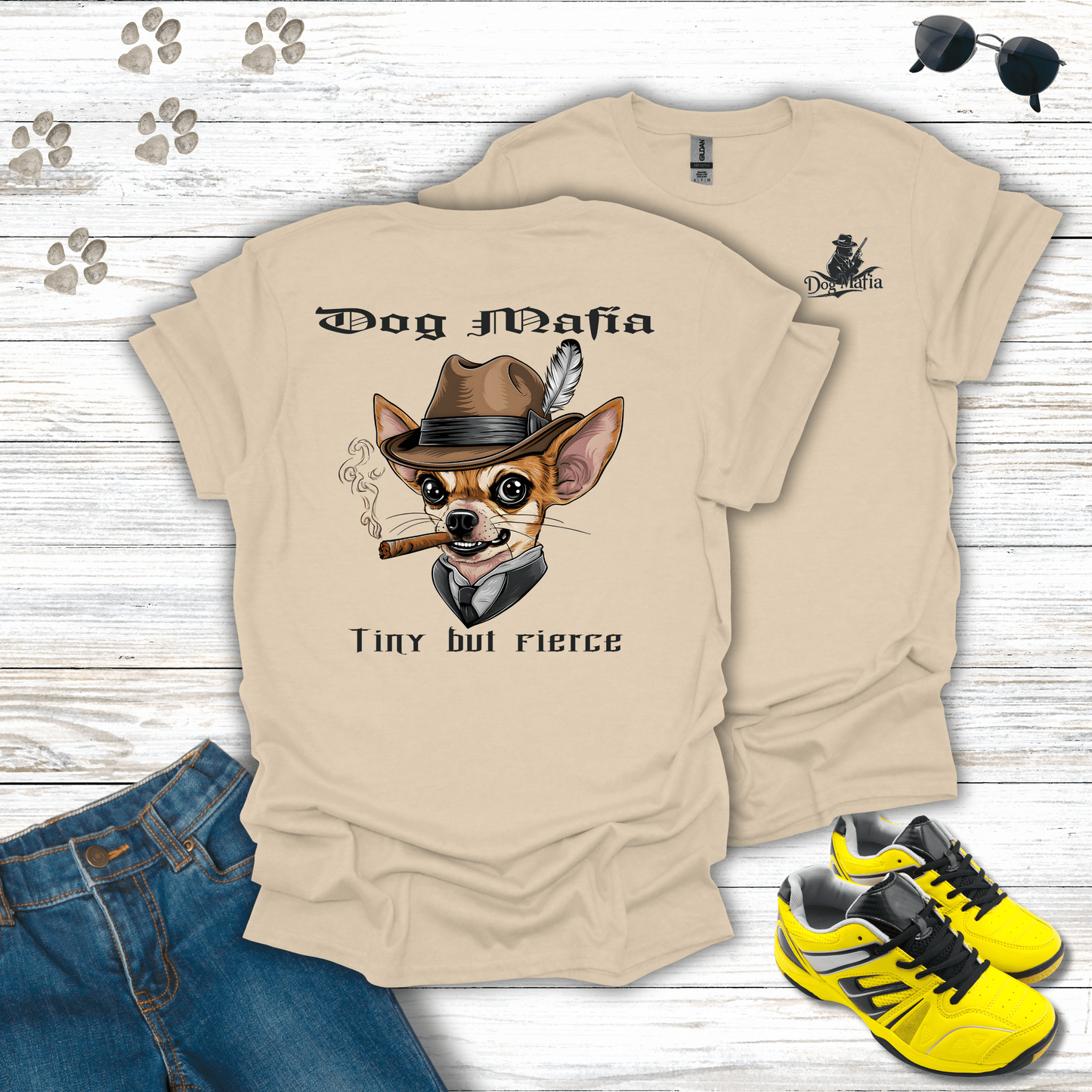 Chihuahua Dog Mafia T-shirt in Sand — stylish Chihuahua mafia dog graphic