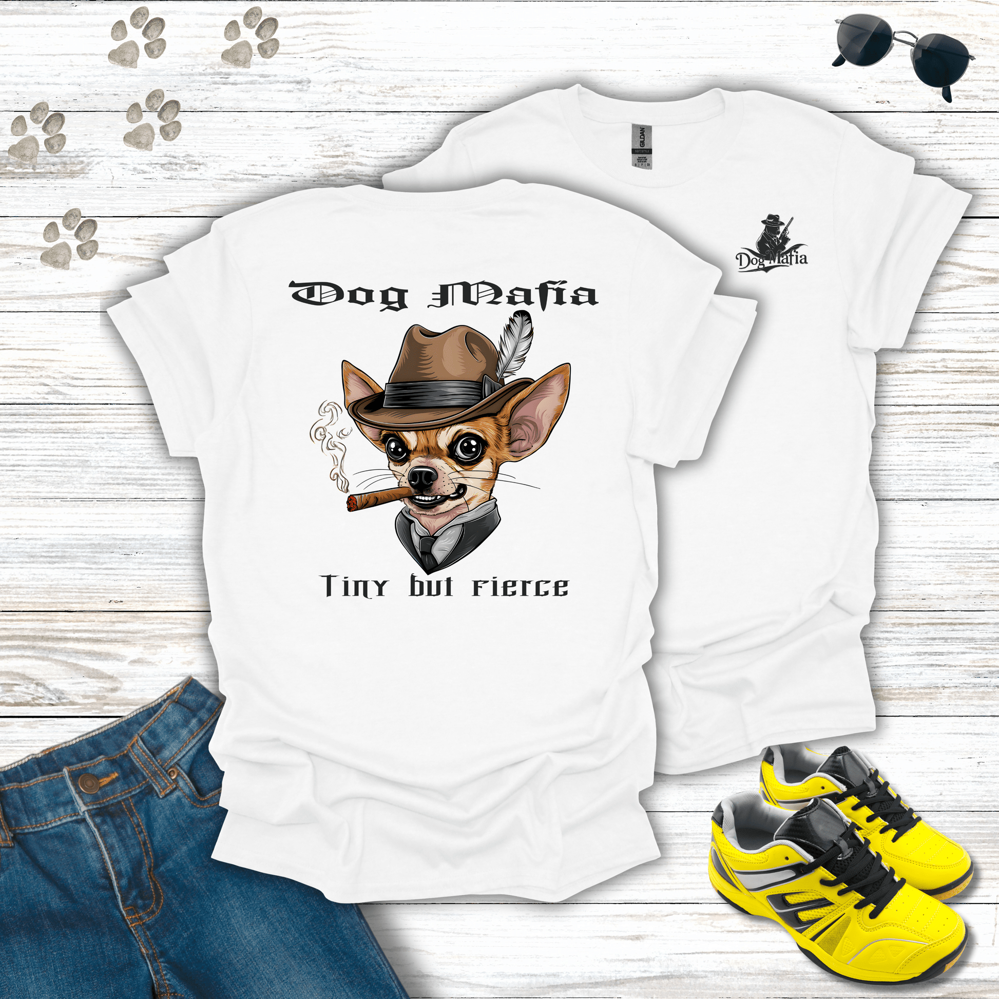 Chihuahua Dog Mafia T-shirt in White — dapper Chihuahua mafia graphic tee