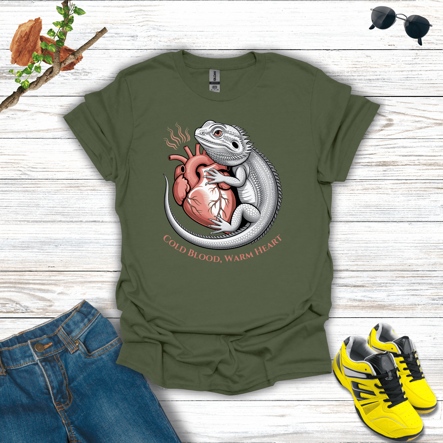 Cold Blood, Warm Heart Bearded Dragon T-Shirt Military Green / S unisex graphic t-shirt