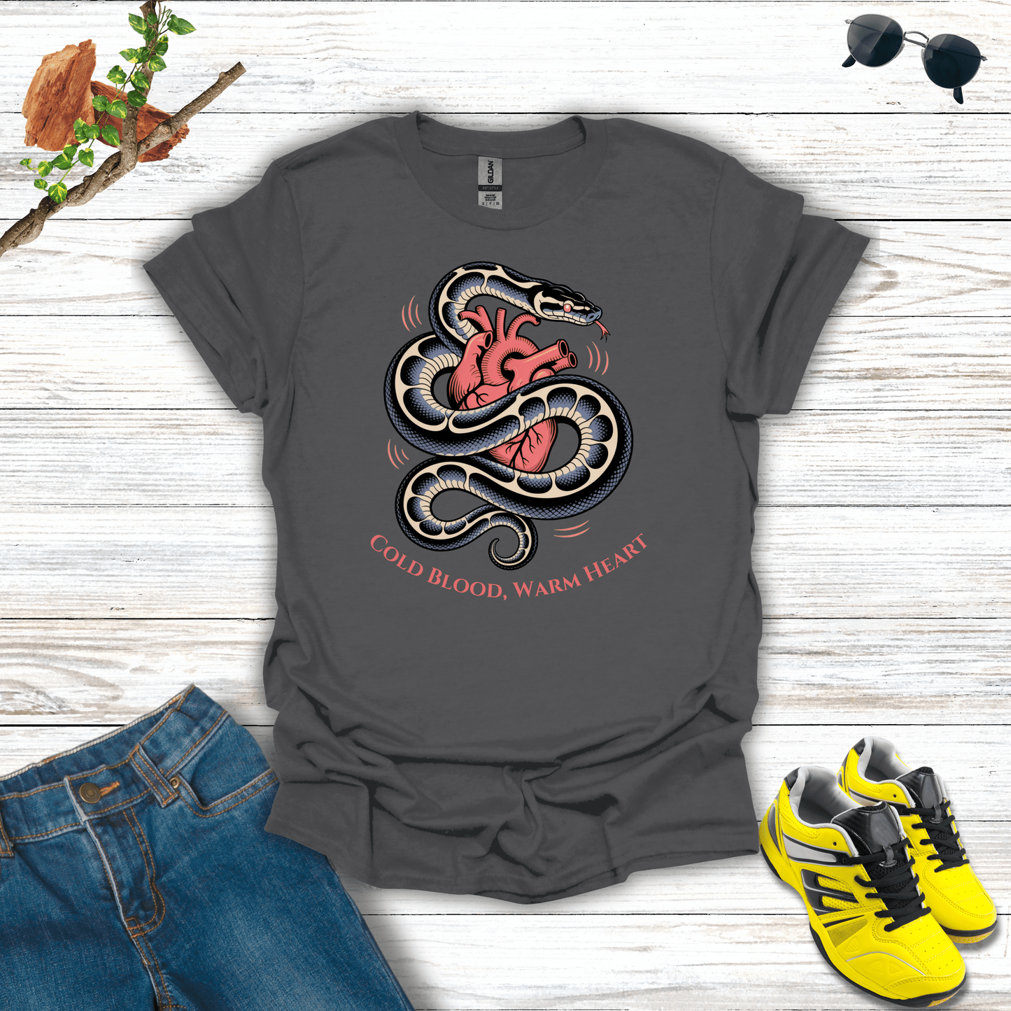 Cold Blood, Warm Heart Snake T-Shirt Charcoal / S unisex graphic t-shirt