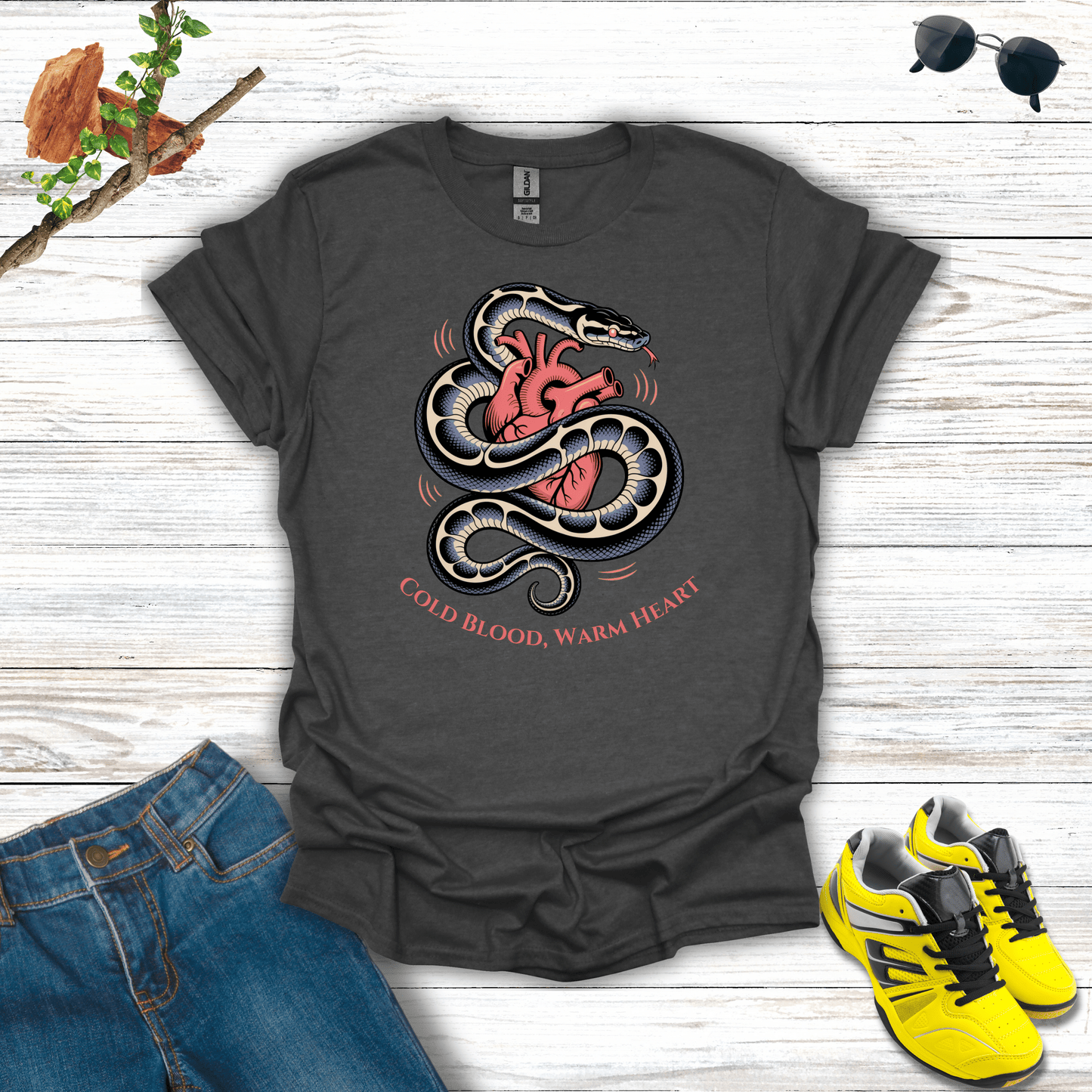 Cold Blood, Warm Heart Snake T-Shirt Dark Heather / S unisex graphic t-shirt
