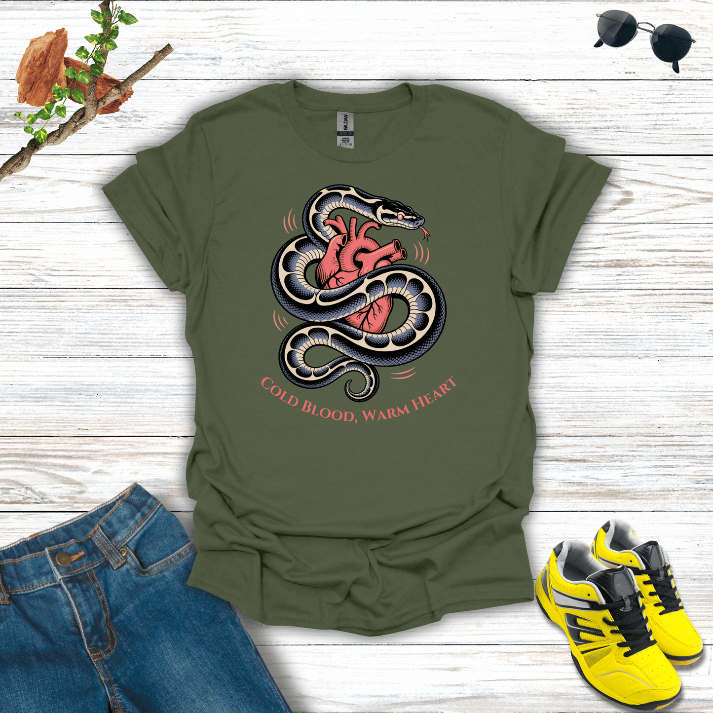 Cold Blood, Warm Heart Snake T-Shirt Military Green / S unisex graphic t-shirt