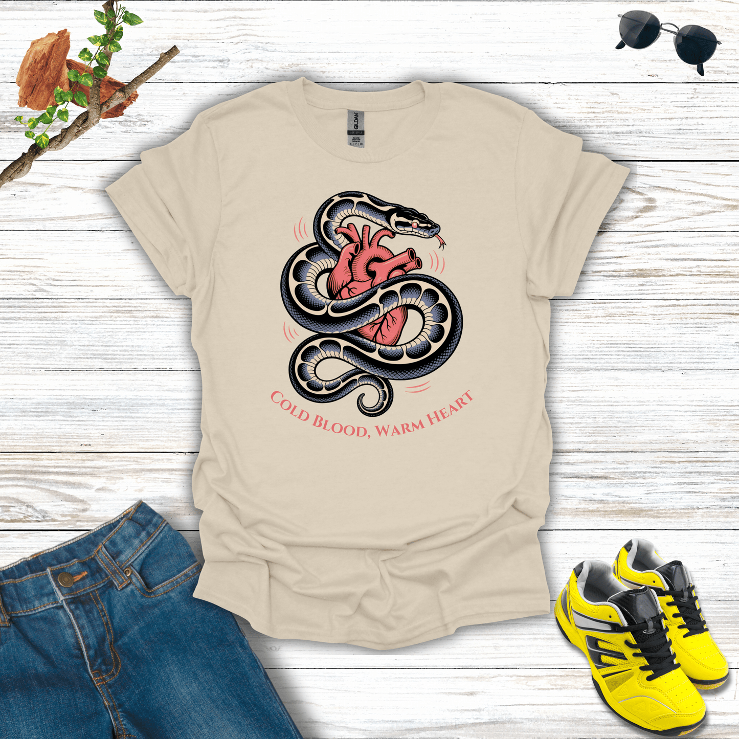 Cold Blood, Warm Heart Snake T-Shirt Natural / S unisex graphic t-shirt