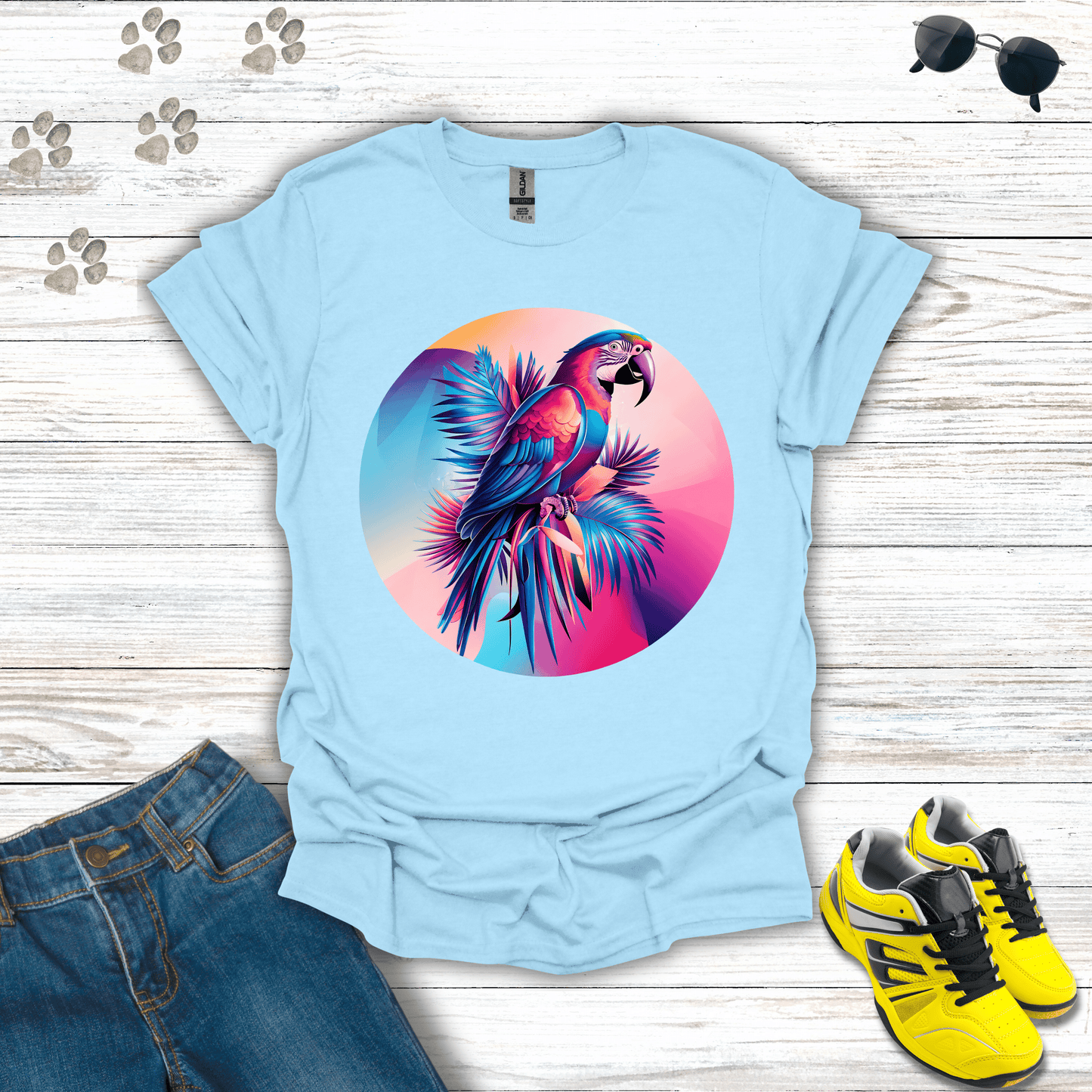 Colorful Macaw Parrot T-Shirt Light Blue / S unisex graphic t-shirt