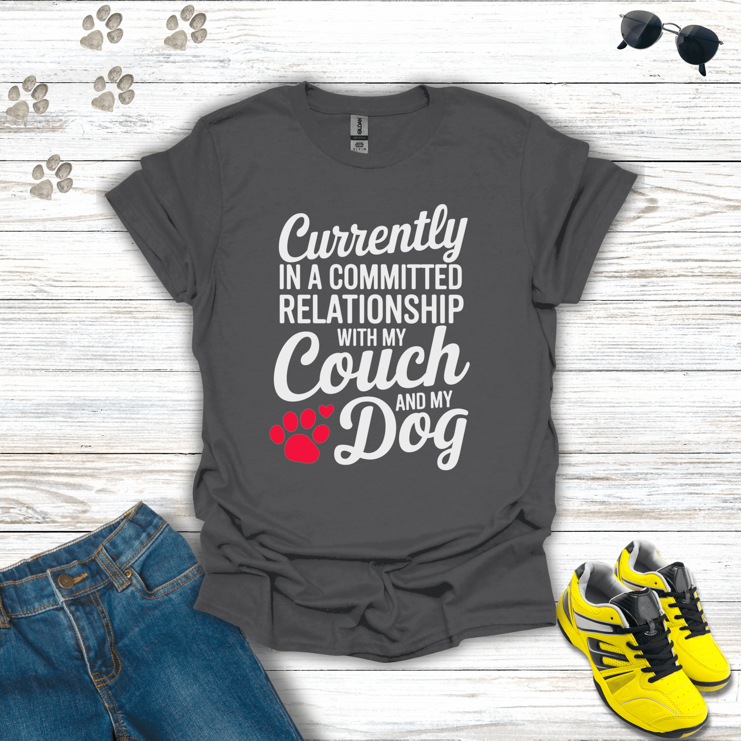 Committed Relationship with Couch and Dog T-Shirt Charcoal / S unisex graphic t-shirt