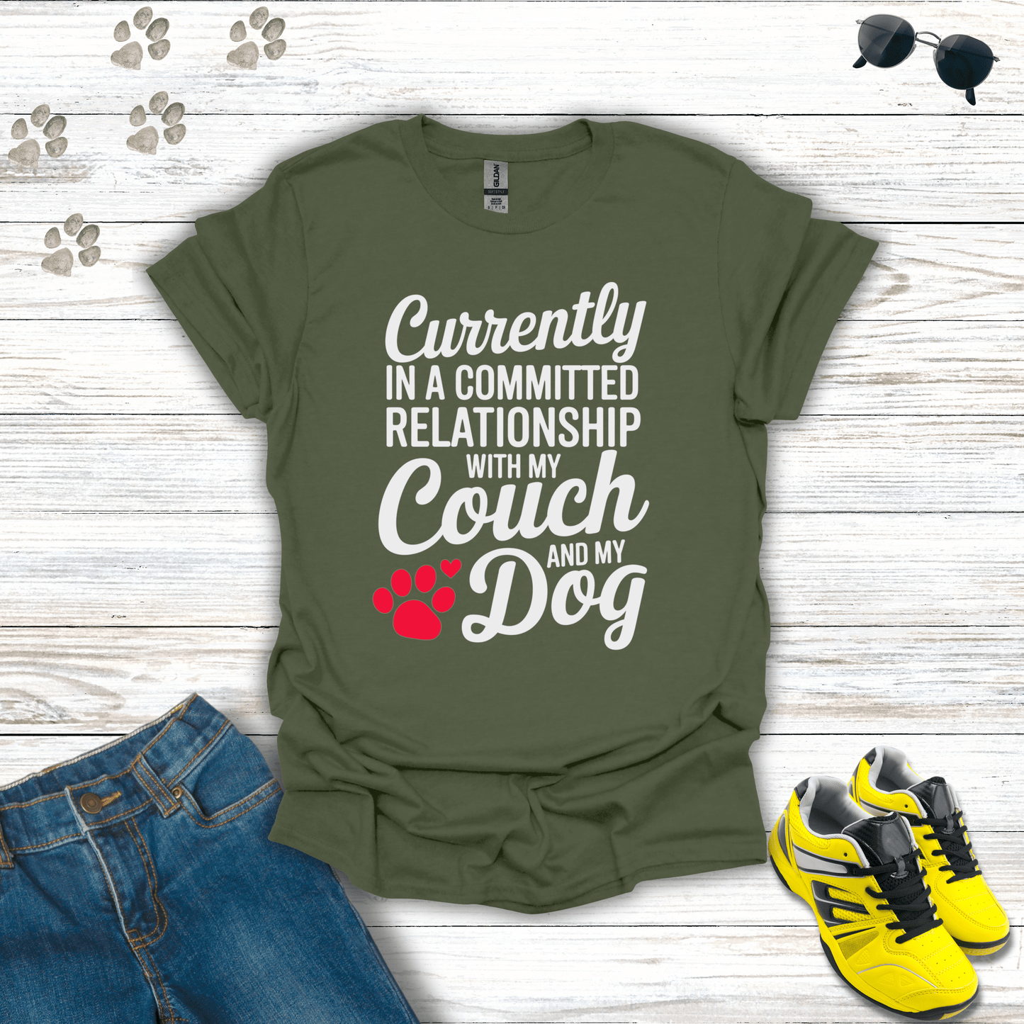 Committed Relationship with Couch and Dog T-Shirt Military Green / S unisex graphic t-shirt