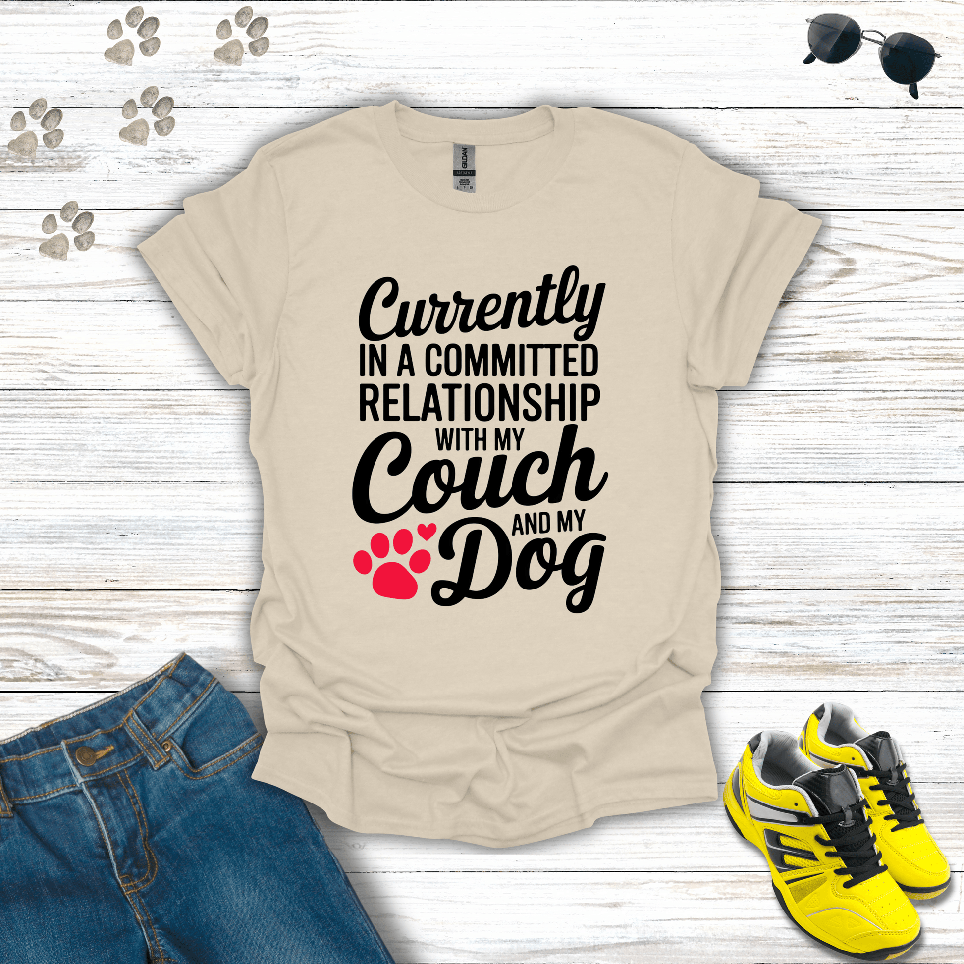 Committed Relationship with Couch and Dog T-Shirt Natural / S unisex graphic t-shirt
